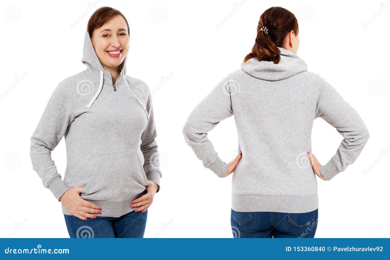 Happy Stylish Middle Aged Woman In Hoodie Front And Back ...