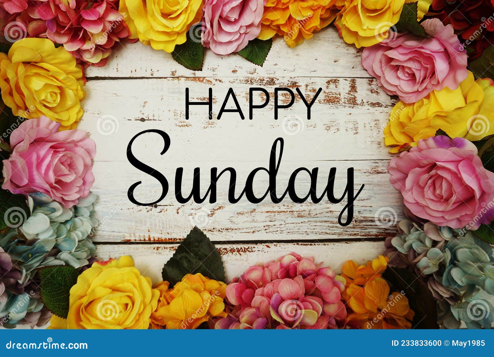 Happy Sunday Text and Flowers Colorful Border Frame on Wooden ...