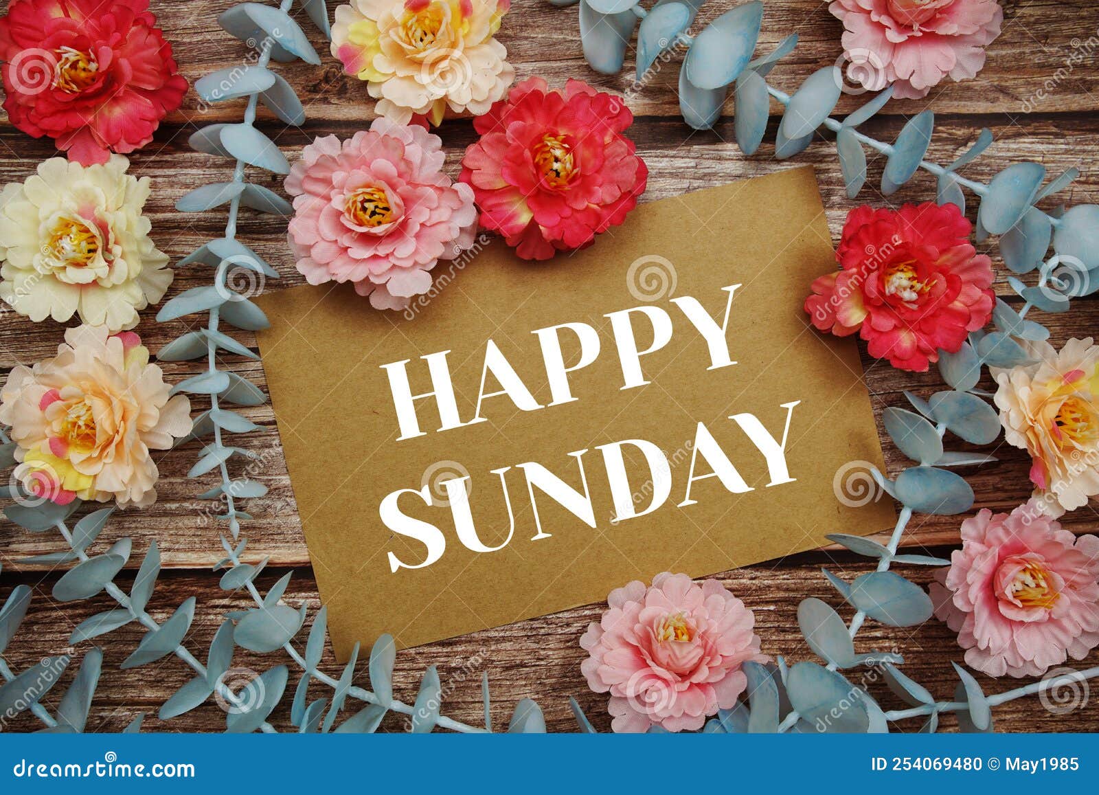 Happy Sunday Typography Text on Paper Card Decorate with Flower on ...