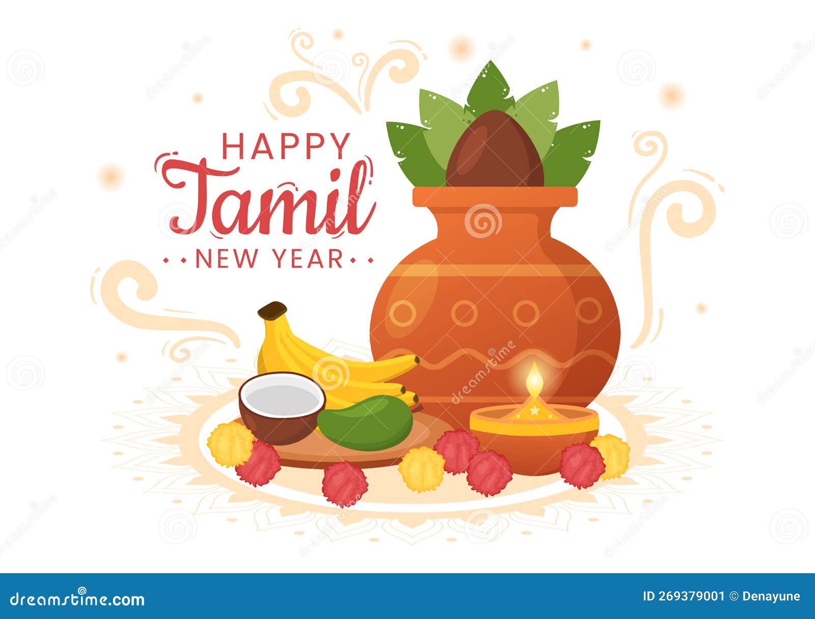 happy tamil new year  with vishu flowers, pots and indian hindu festival in flat cartoon hand drawn for landing page