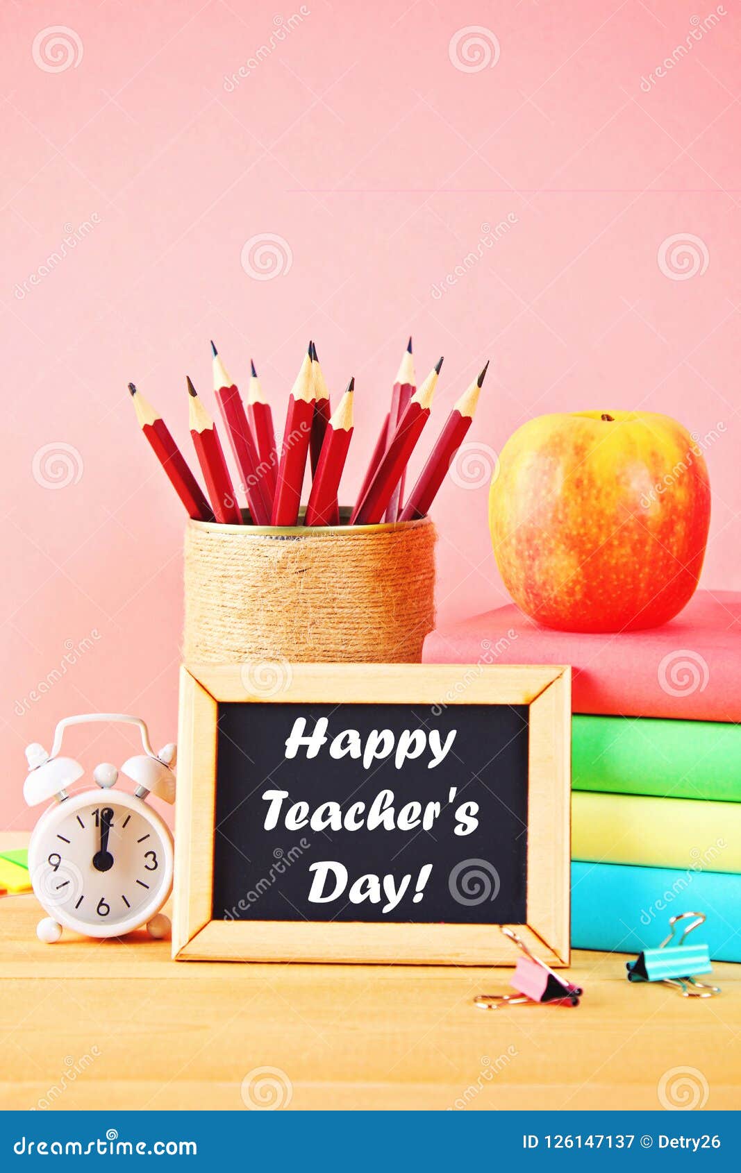 Happy Teachers Day. School and Office Supplies on a Pink Background. Back  To School. Stock Image - Image of student, background: 126147137