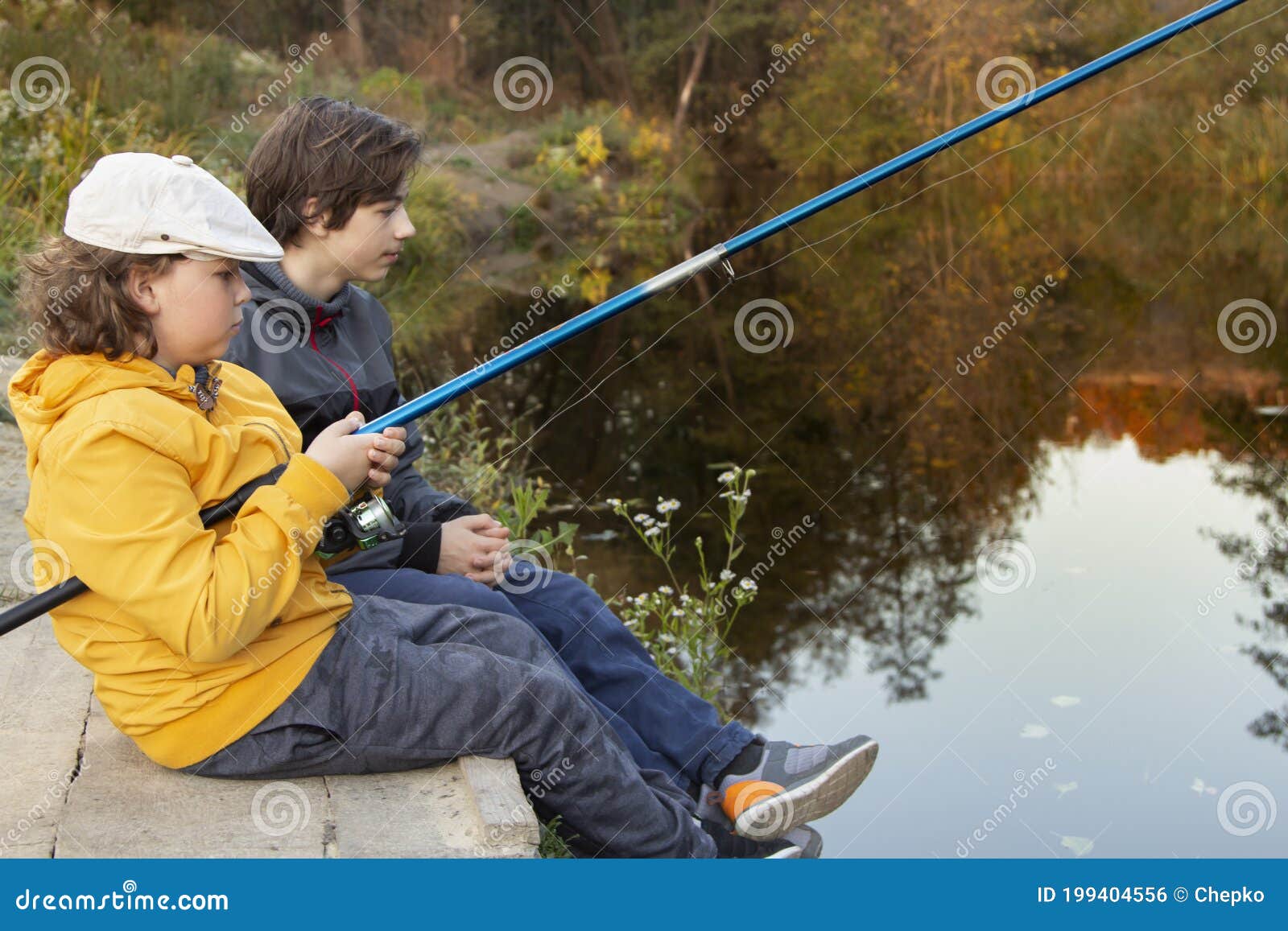 Happy Teen Boys Go Fishing on the River, Children of the Fisherman