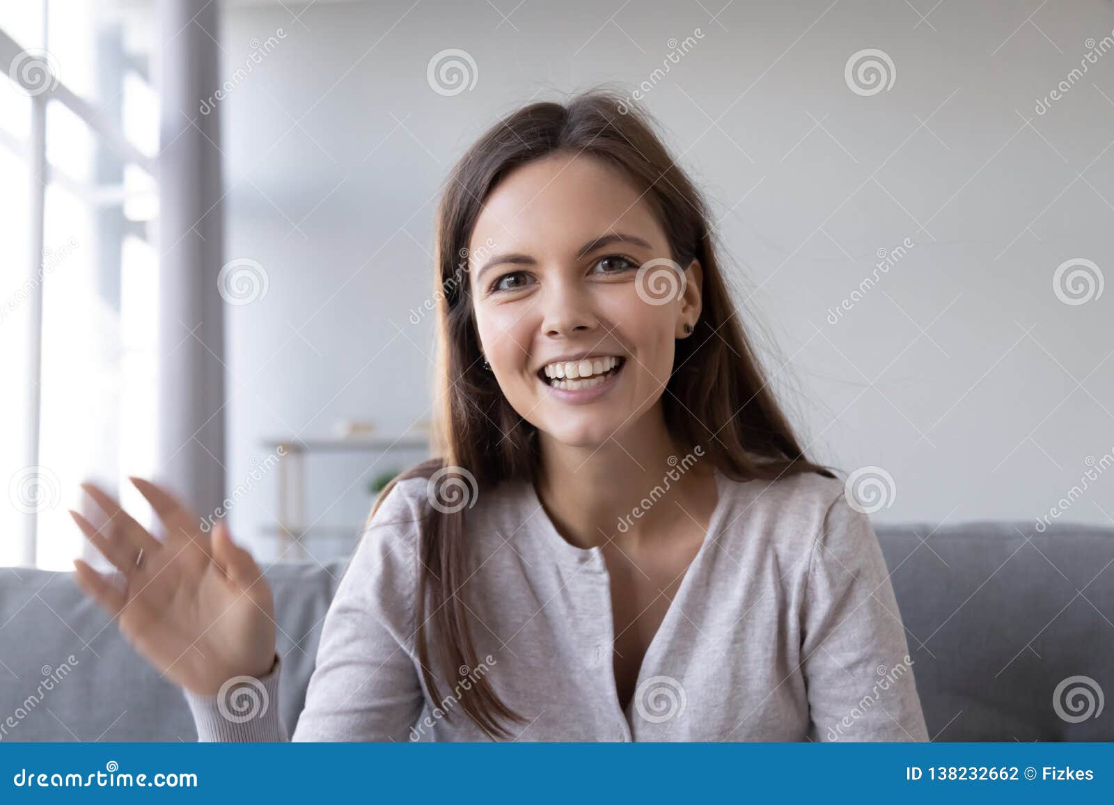 Happy Teen Girl Waving Saying Hello Looking at Webcam Stock Photo - Image of positive, shooting: 138232662