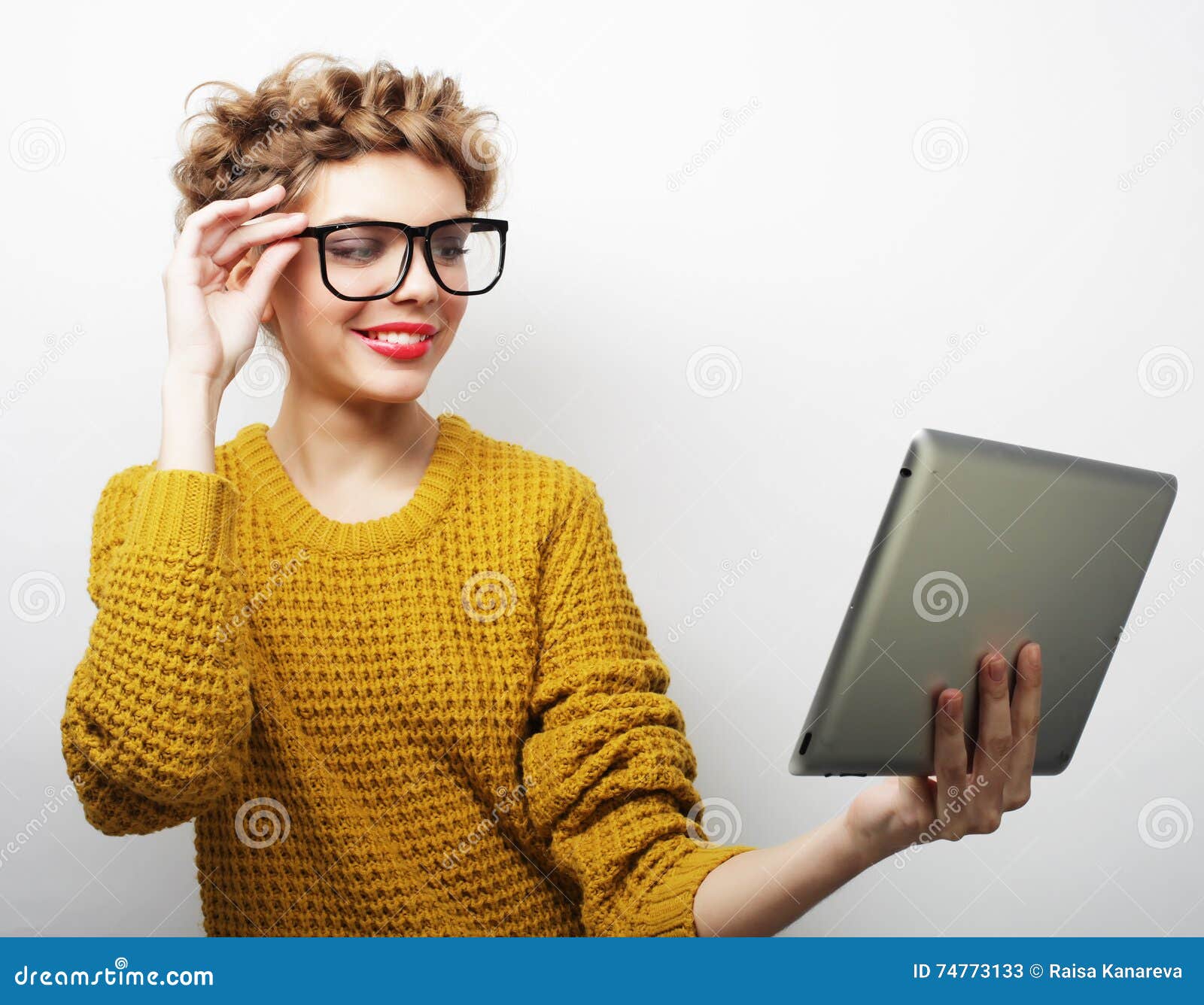 Student Woman In Glasses With Laptop And Book Stock Photo 