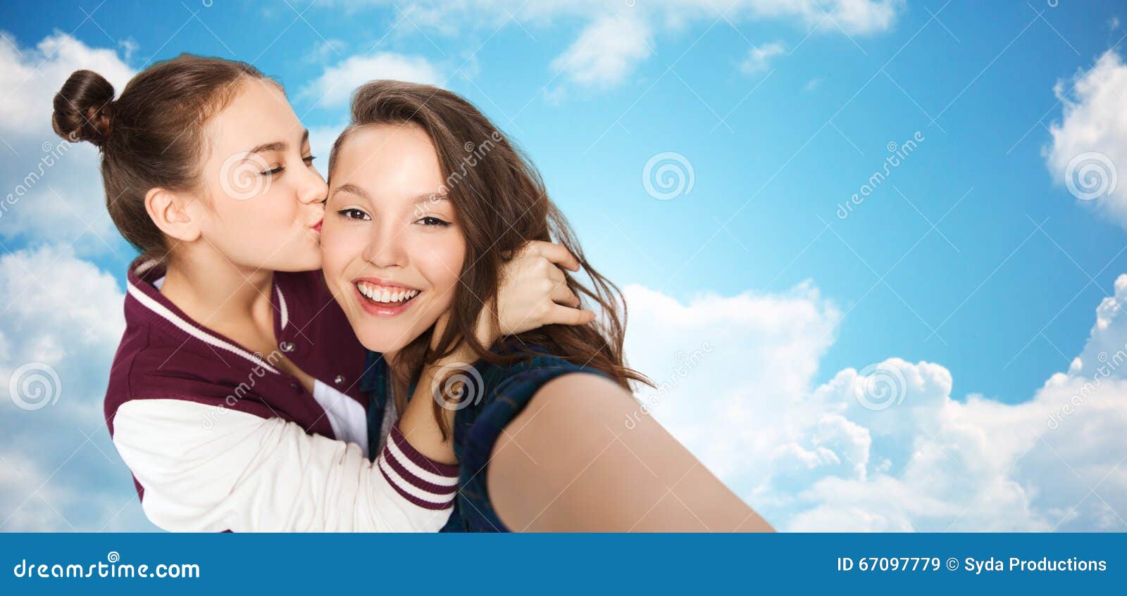 Happy Teenage Girls Taking Selfie And Kissing Stock Image Image Of