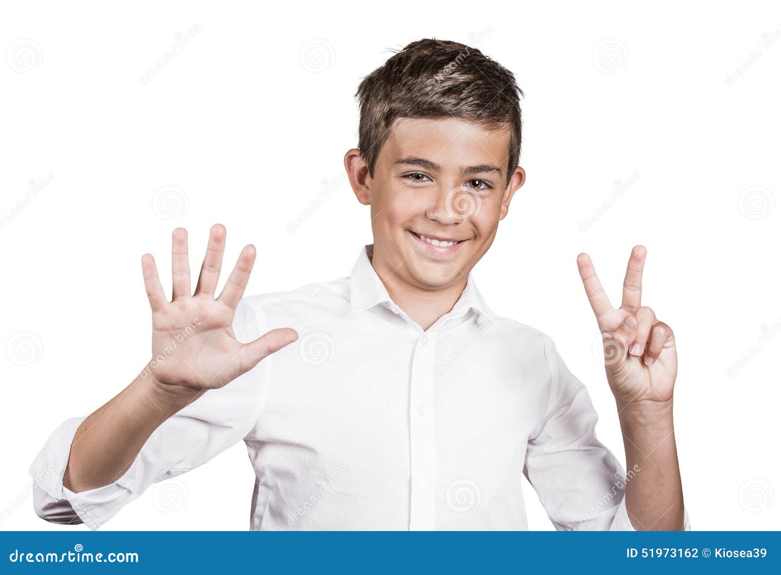 happy teenager showing seven fingers, number 7 gesture