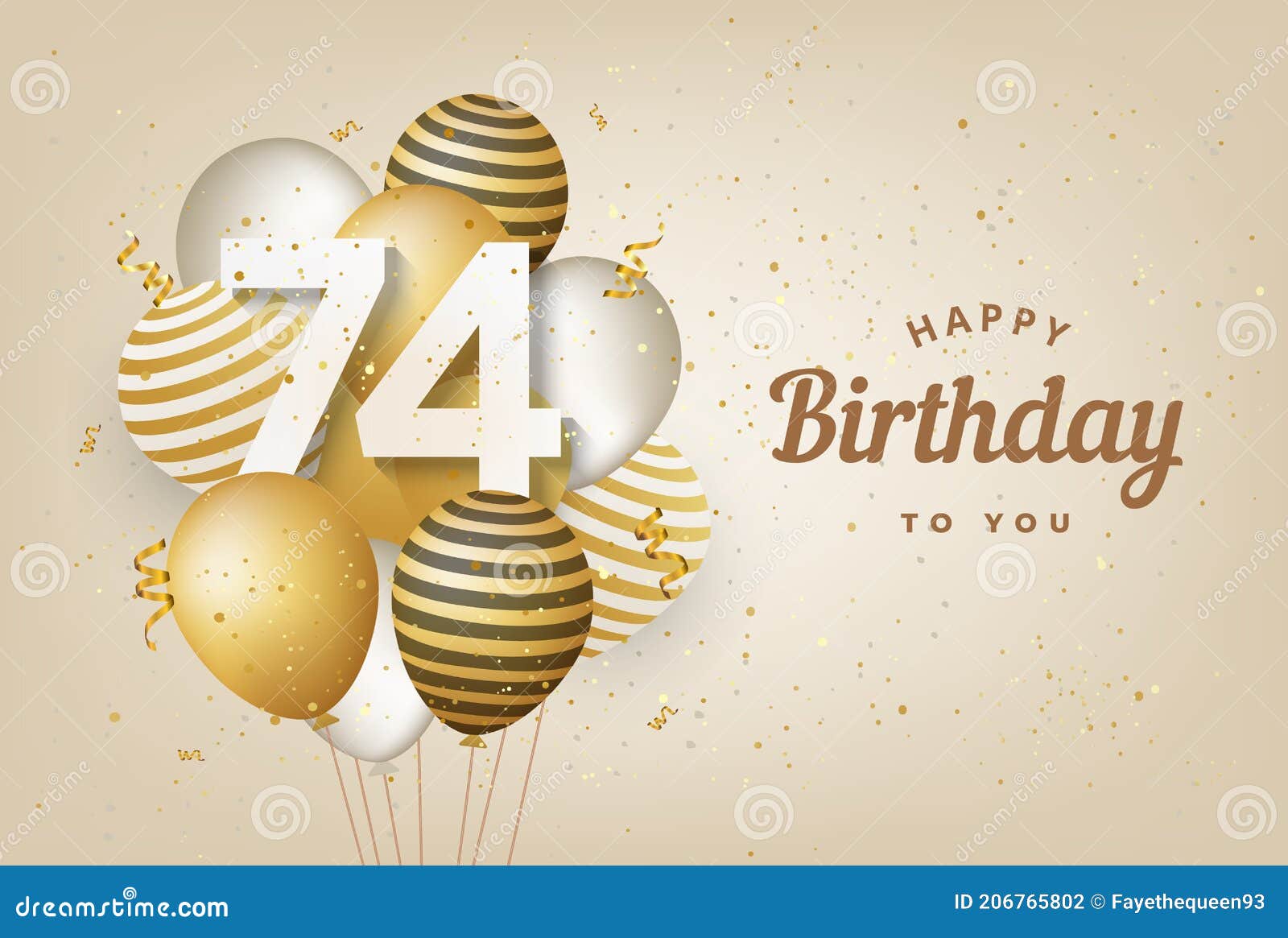 Happy 74th Birthday With Gold Balloons Greeting Card Background Stock