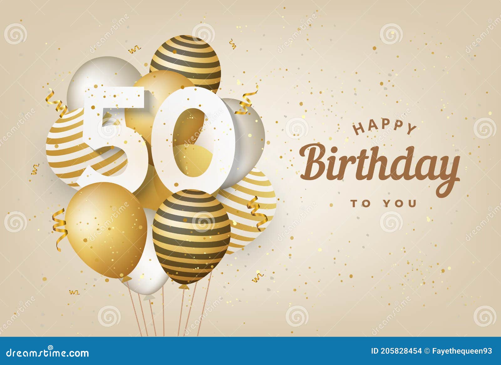 Happy 50th Birthday With Gold Balloons Greeting Card Background Stock