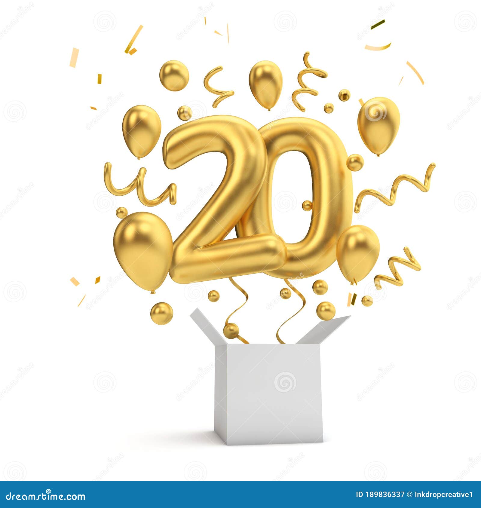Happy 20th Birthday Gold Surprise Balloon and Box. 3D Rendering Stock