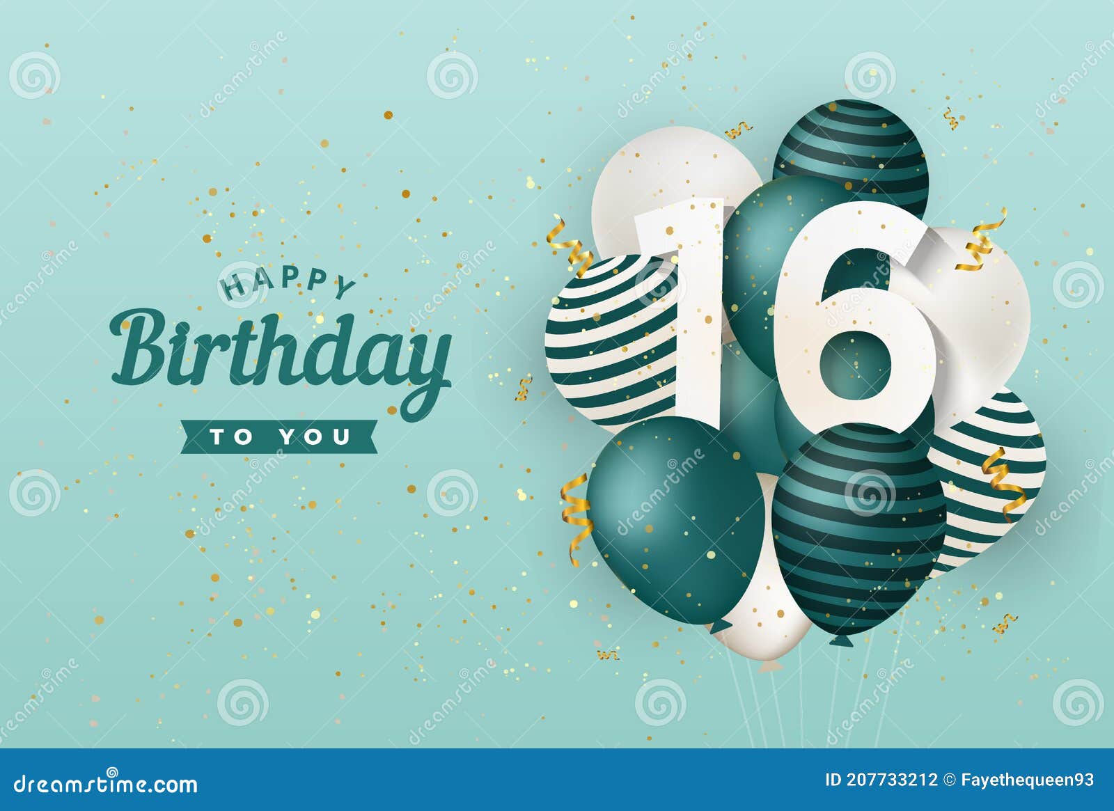 happy 16th birthday with green balloons greeting card background.