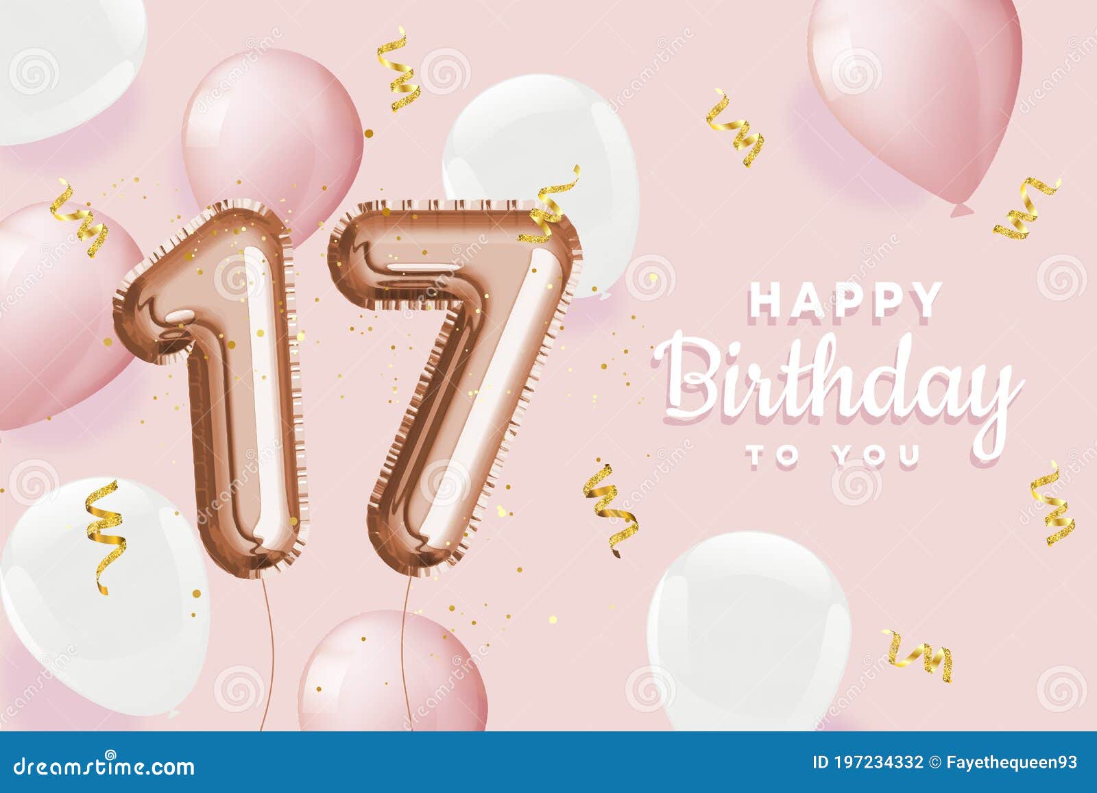 Happy 17th Birthday Pink Foil Balloon Greeting Background Stock Vector