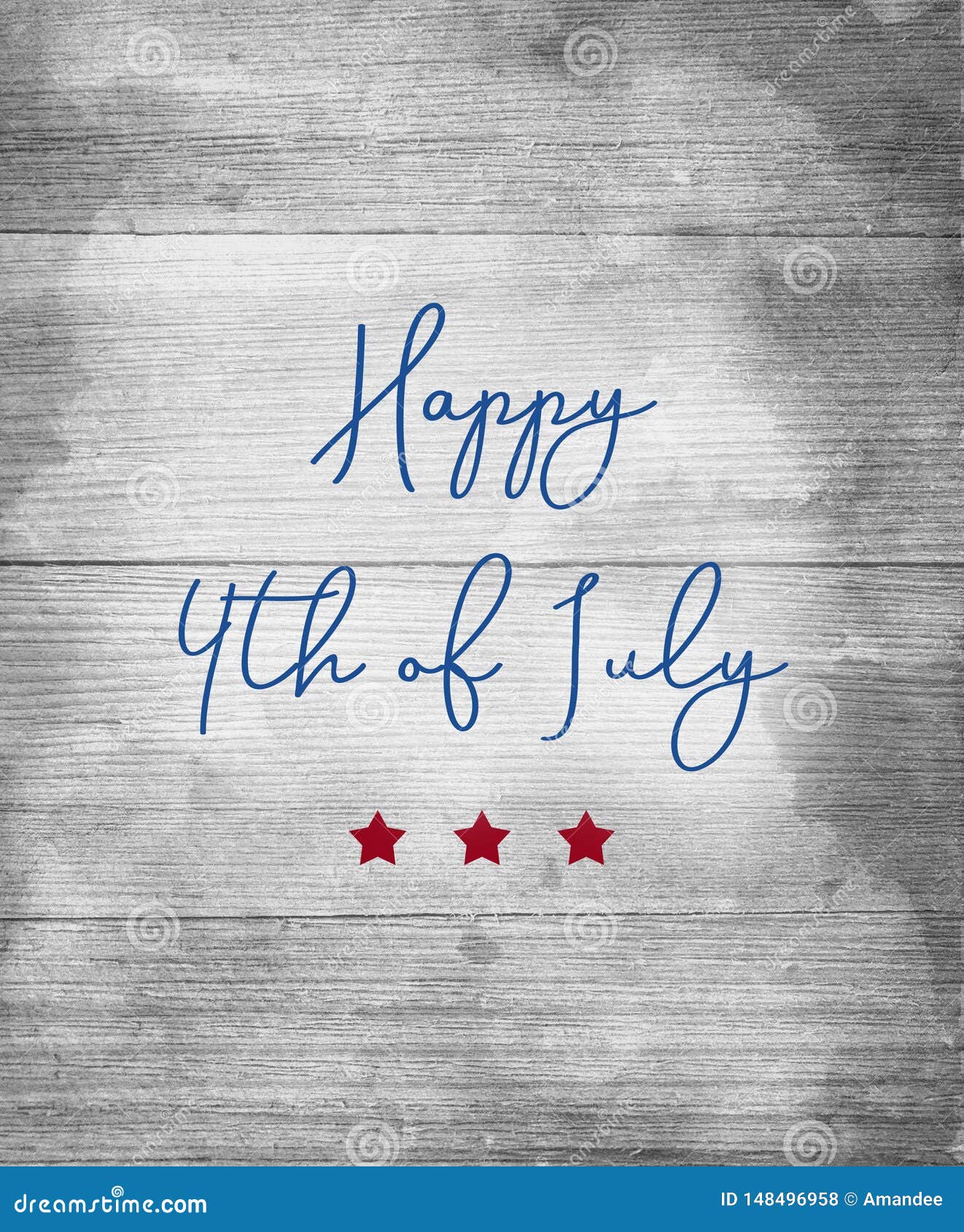 happy 4th of july sign in blue letters with red stars on wood background