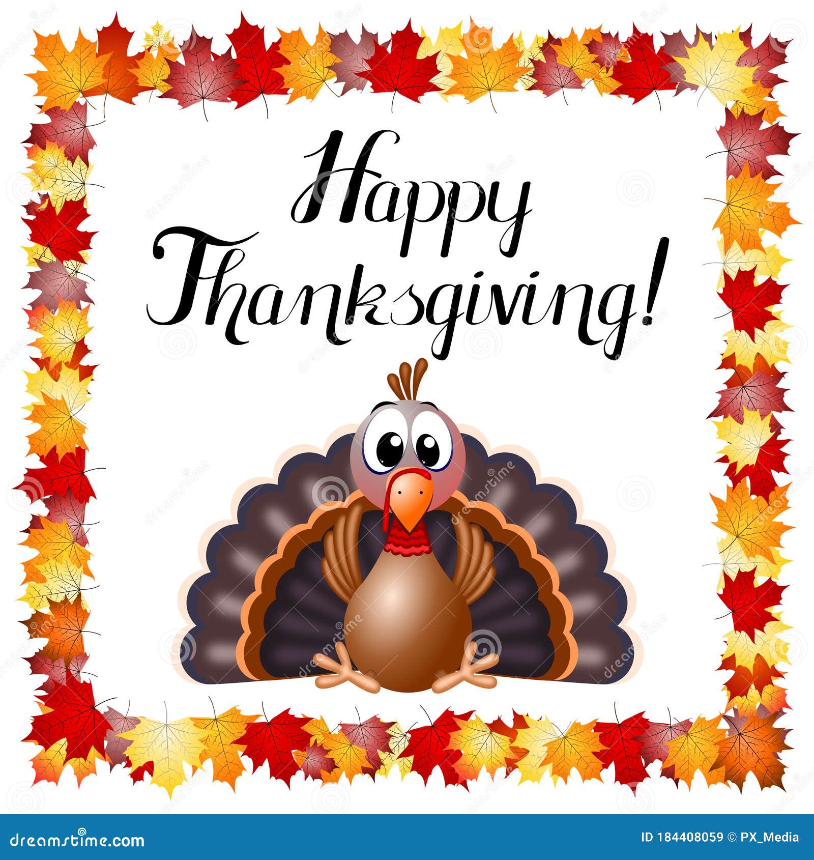 Happy Thanksgiving Card - Funny Cartoon Turkey, Fall Leaves Stock  Illustration - Illustration of character, background: 184408059