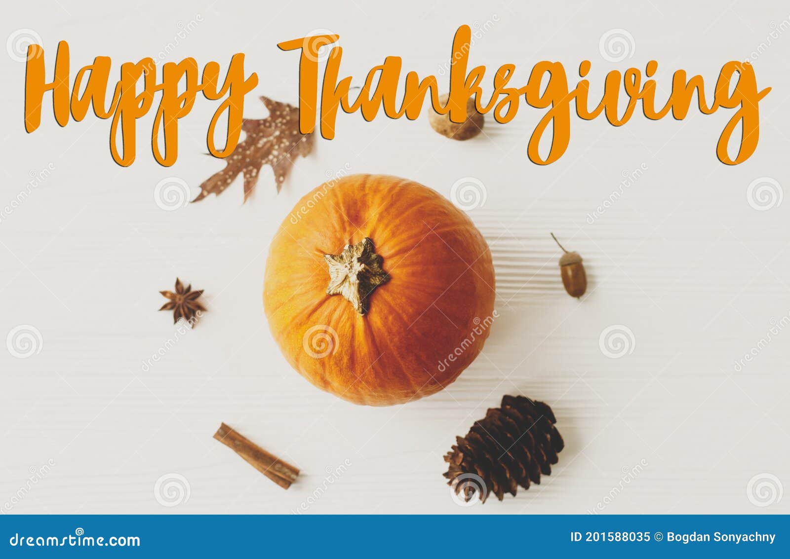 Happy Thanksgiving Greeting Card Happy Thanksgiving Text Handwritten On Pumpkin Autumn Leaf Anise Pine Cone Acorn Walnut And Stock Image Image Of Decor Background 201588035