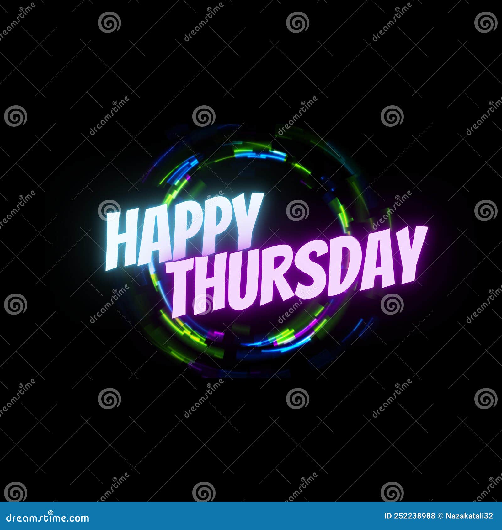 happy thursday glowing text with colorful neon rings & black background. colorful weekdays  for social media.