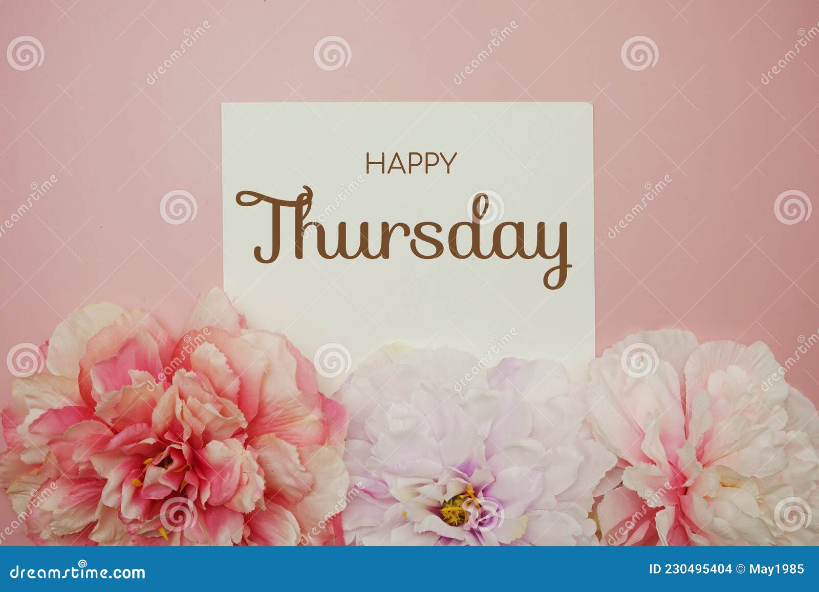 Happy Thursday Typography Text with Flower Decor on Pink Background