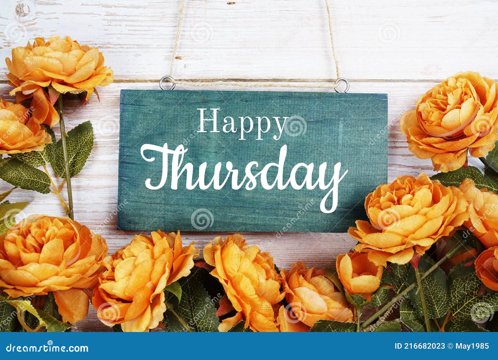 Happy Thursday Text with Flower Decoration on Wooden Background ...