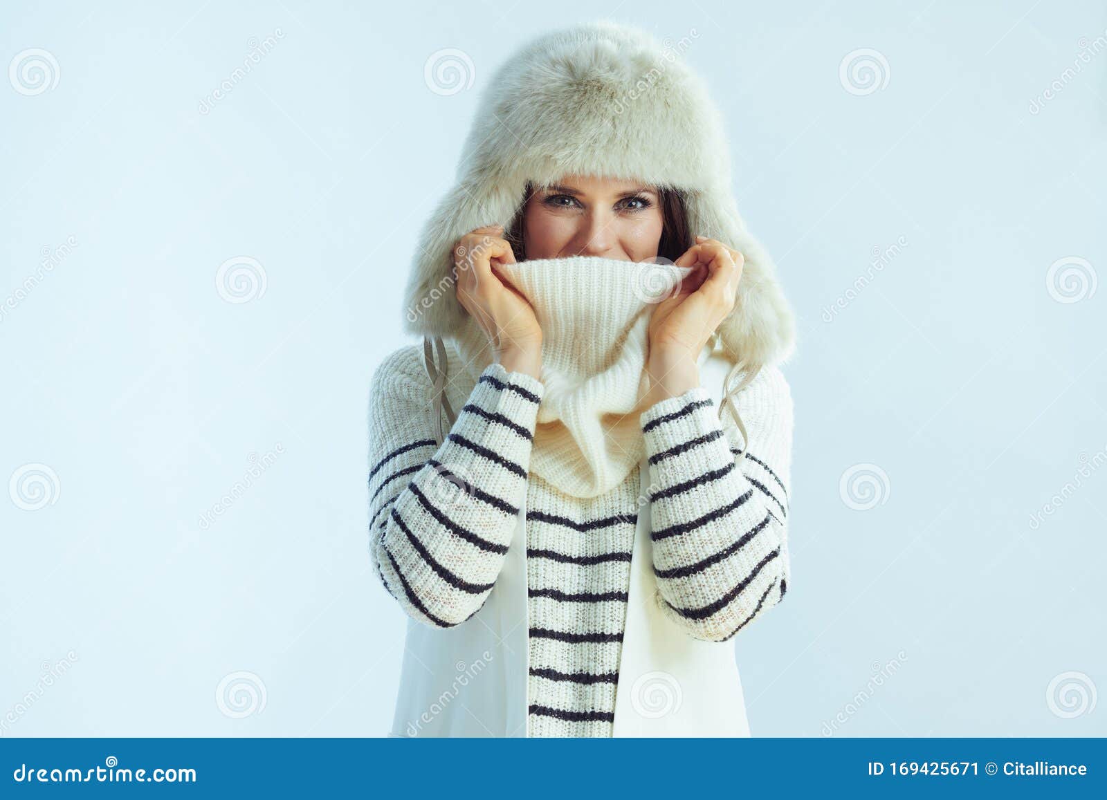 Woman Hiding in Scarf Isolated on Winter Light Blue Background Stock ...