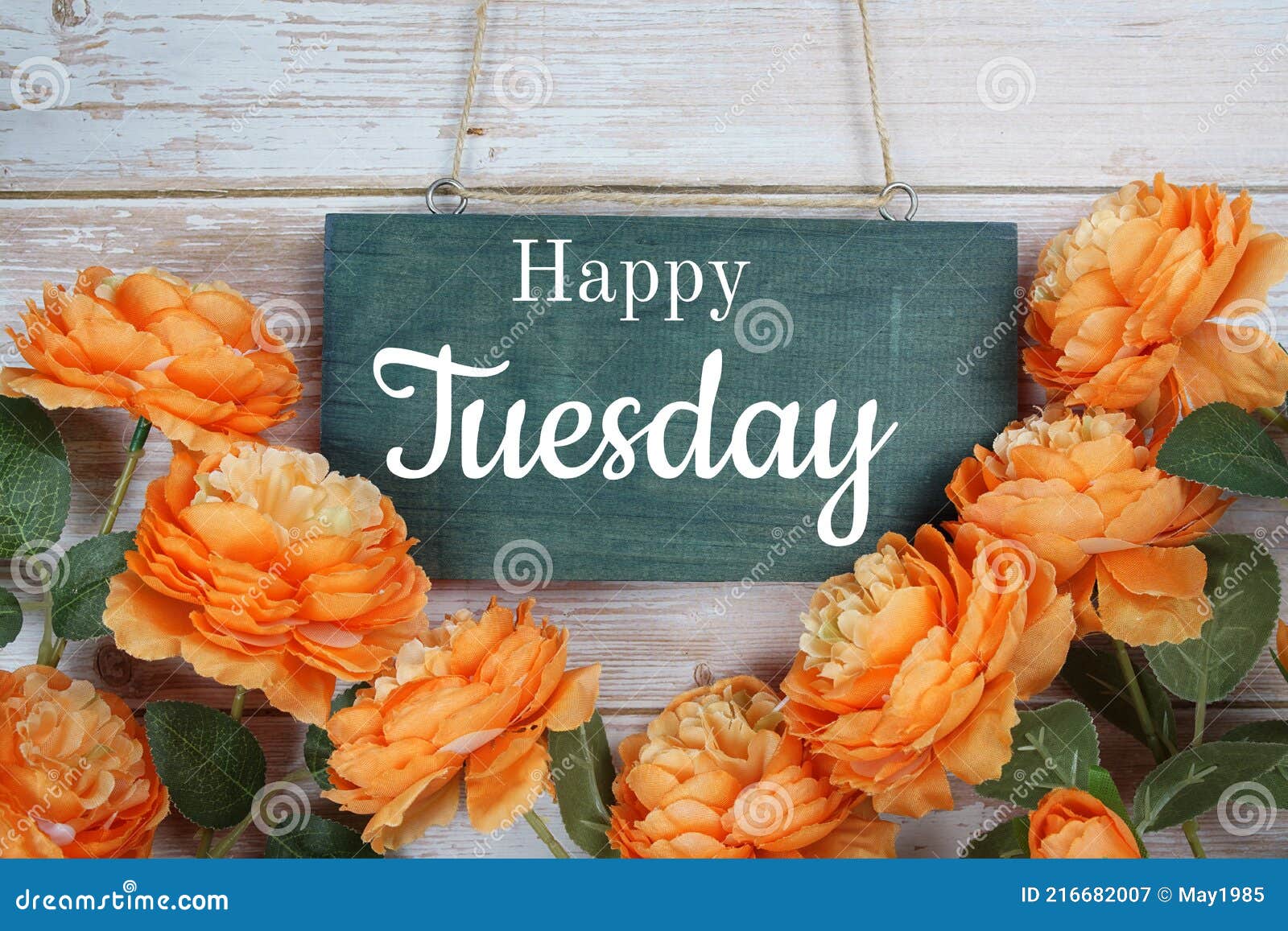 Happy Tuesday Text with Flower Decoration on Wooden Background Stock