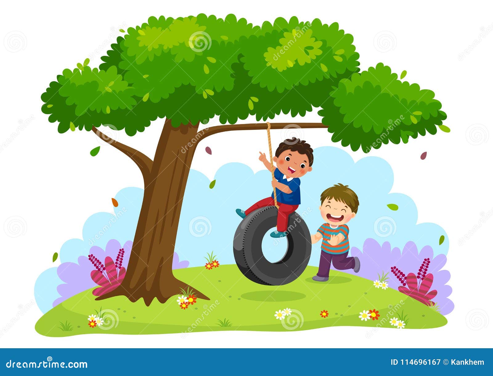 happy two boys playing tire swing under the tree