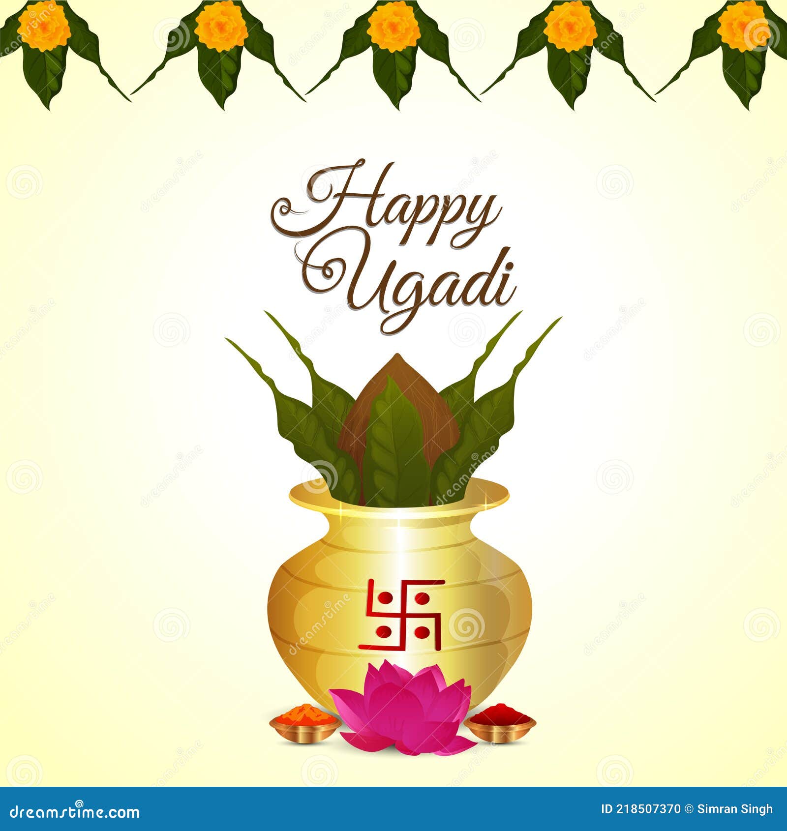Happy Ugadi Background with Garland Flower and Kalash Stock Illustration -  Illustration of garland, flower: 218507370