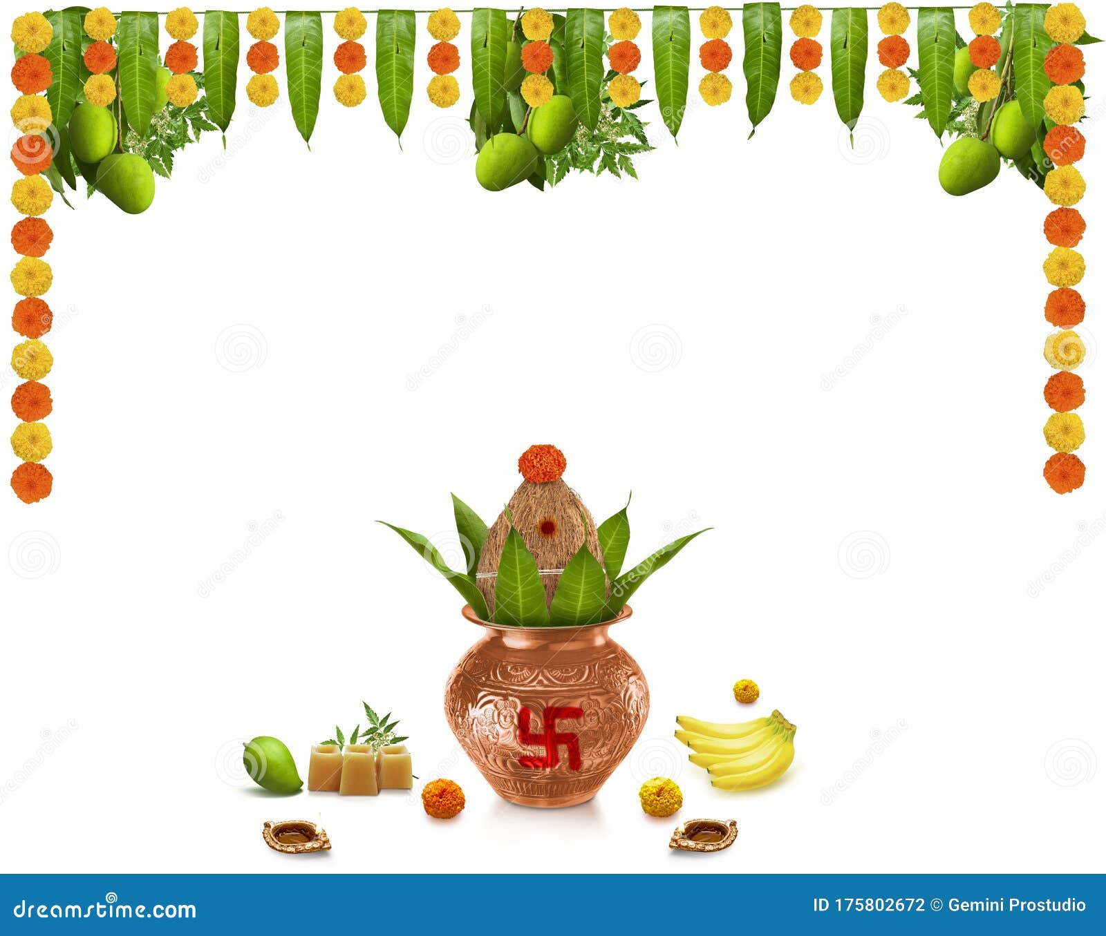 Happy Ugadi Greeting Card Background with Decorated Kalash and Mangoes