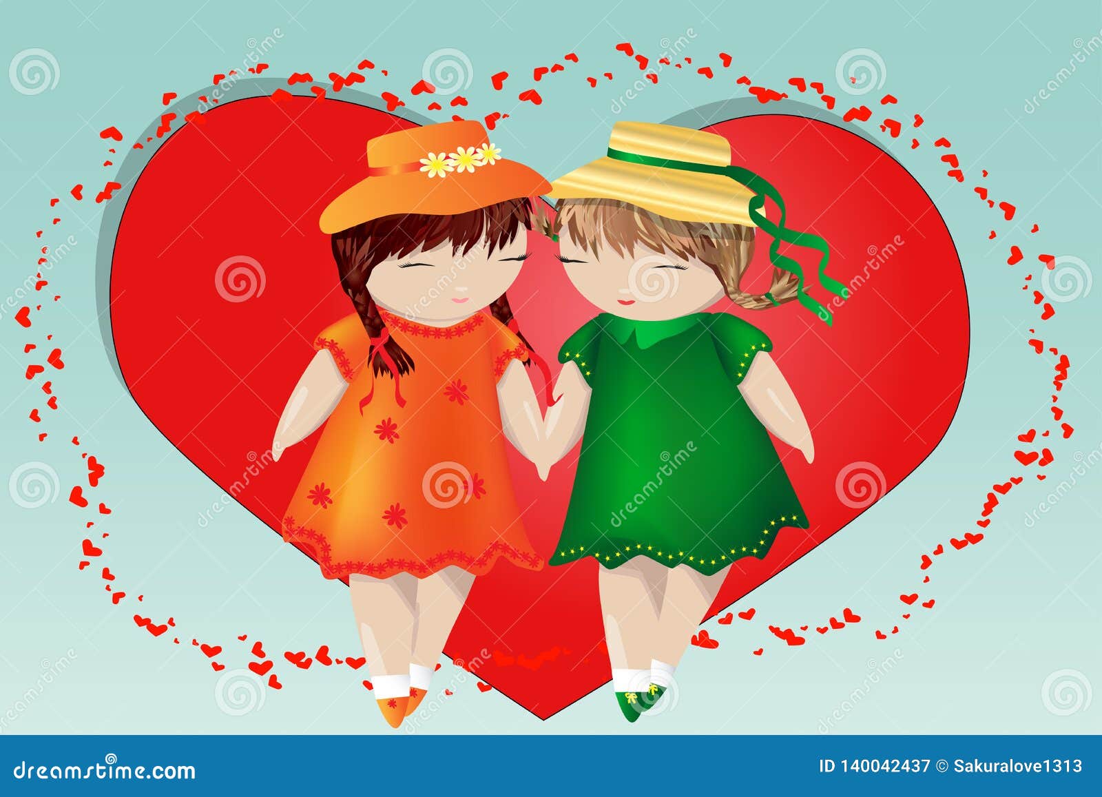 Happy Valentine S Day A Pair Of Girls On The Background Of The Heart