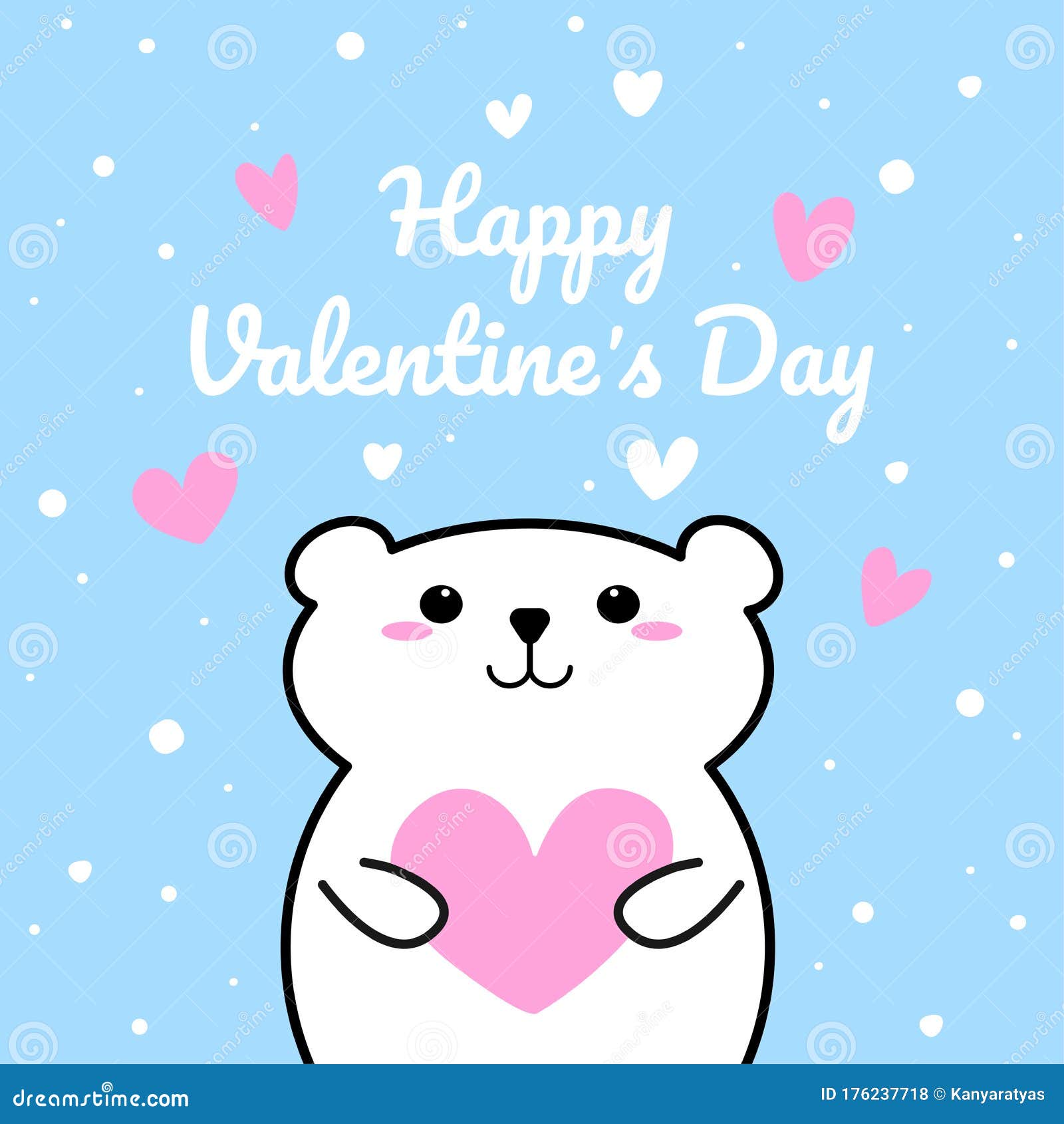 Happy Valentine`s Day White Bear Animal on Light Blue Background Vector ...