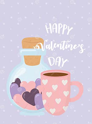 Happy Valentines Day Bottle Glass And Coffee Cup With Hearts Stock Vector Illustration Of