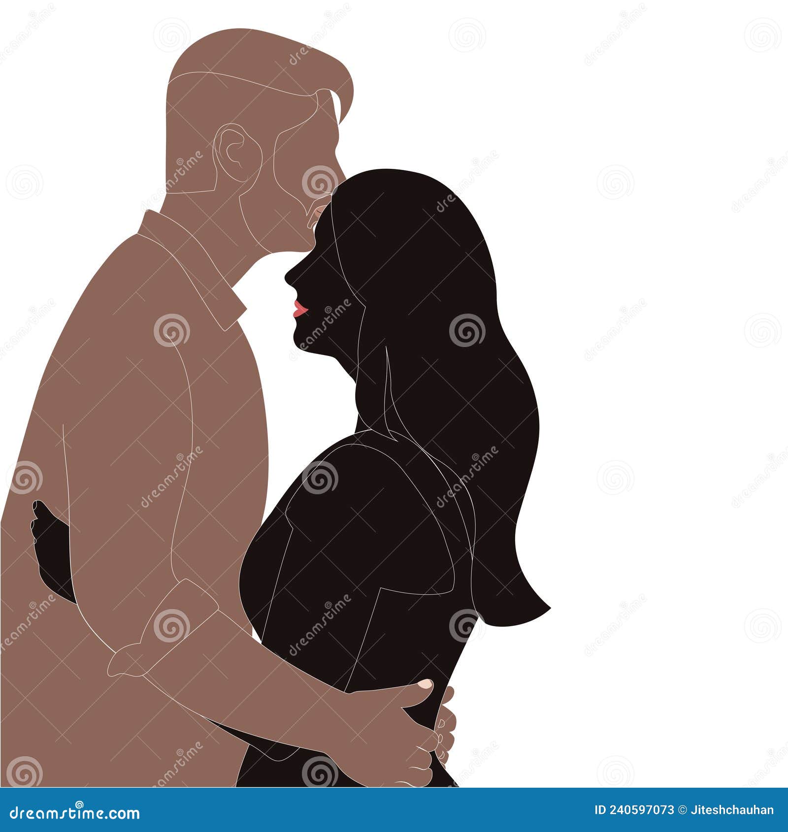Drawing Of Pair Of Young Man And Woman Kissing And This Is Love Inscription  On White Background. Cute Romantic Couple On Date. Hand Drawn Realistic  Vector Illustration For Greeting Card, Postcard. Royalty