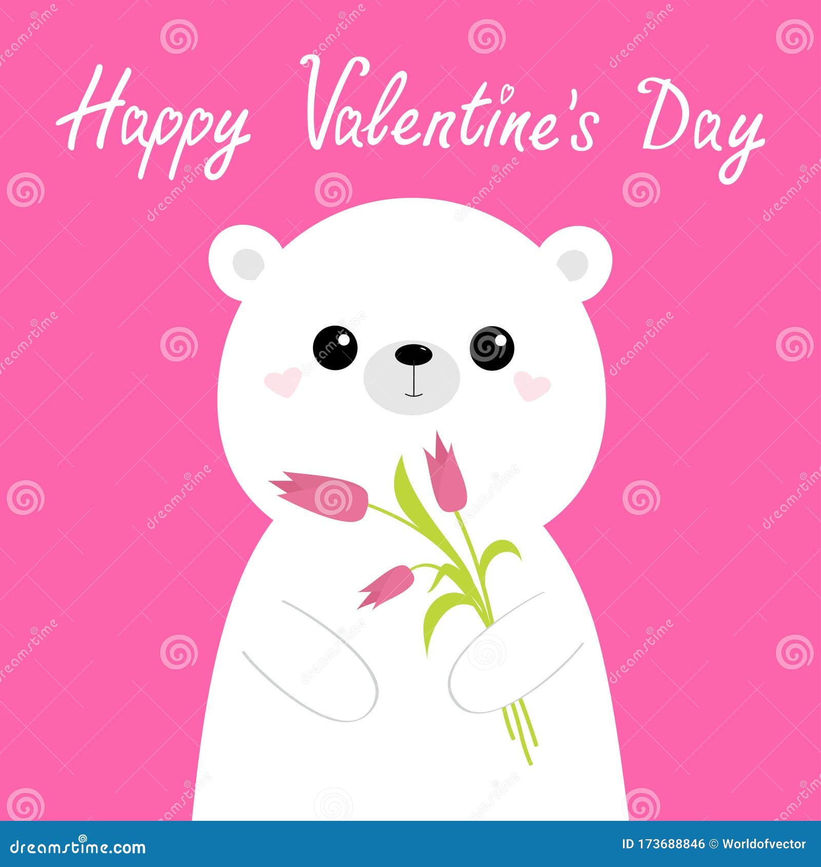 Happy Valentines Day. Cute White Bear Holding Tulip Flower Bouquet ...