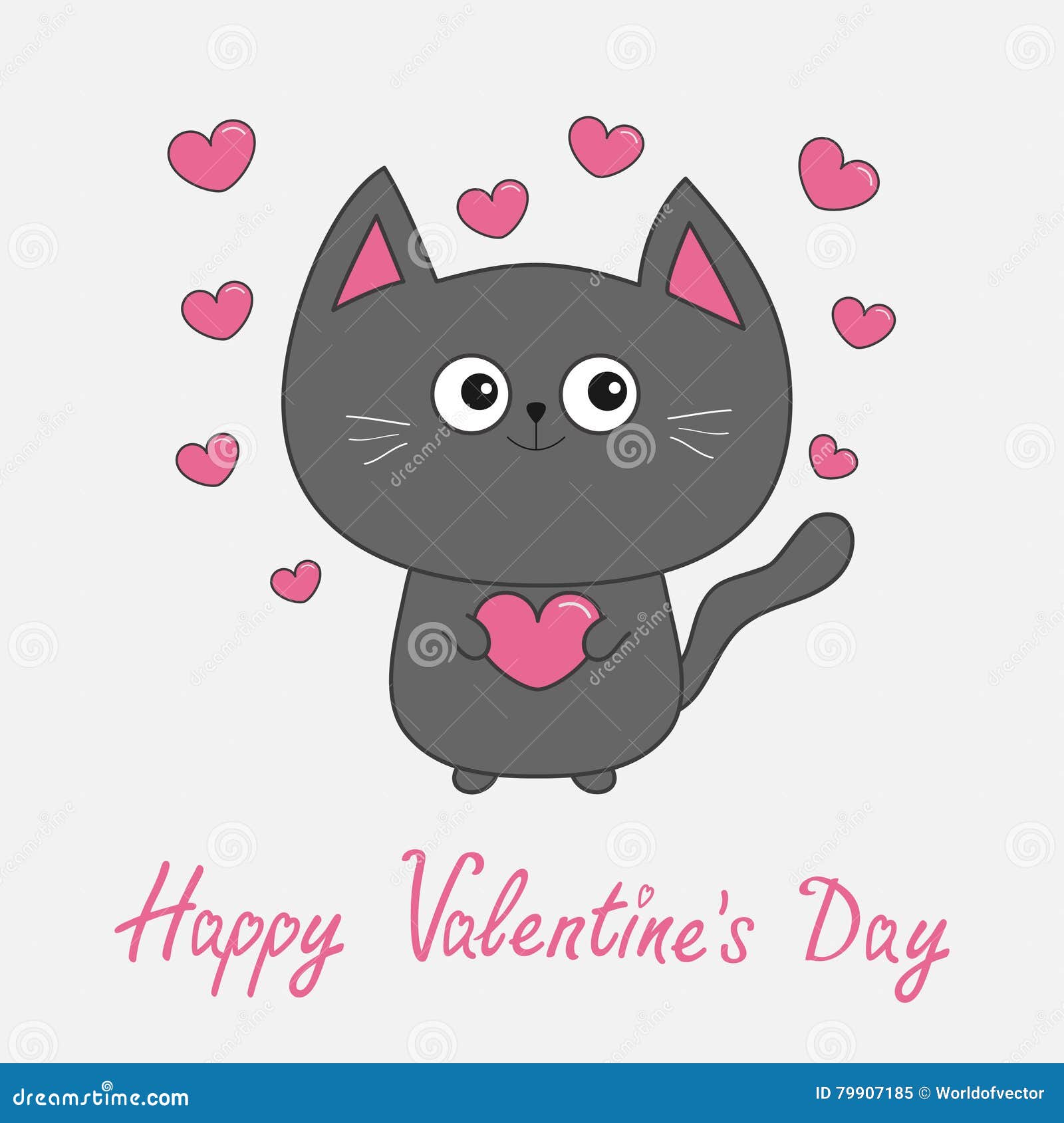 Happy Valentines Day Pink Text. Gray Contour Cat Holding Heart Set. Cute Cartoon ...1300 x 1390