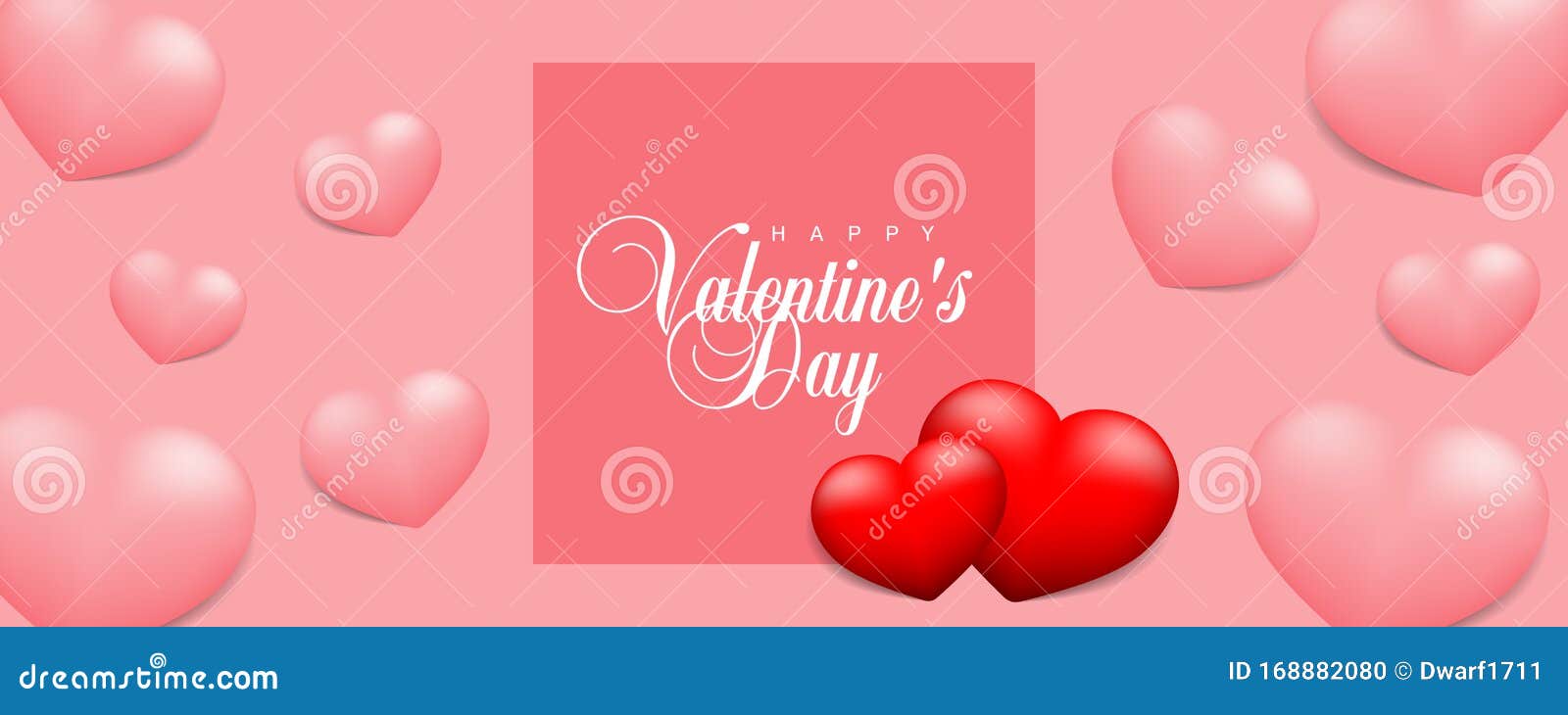 Happy Valentines Day vector illustration banner, flyer, poster, voucher, website header layout with couple red hearts and pink hearts on pink background 