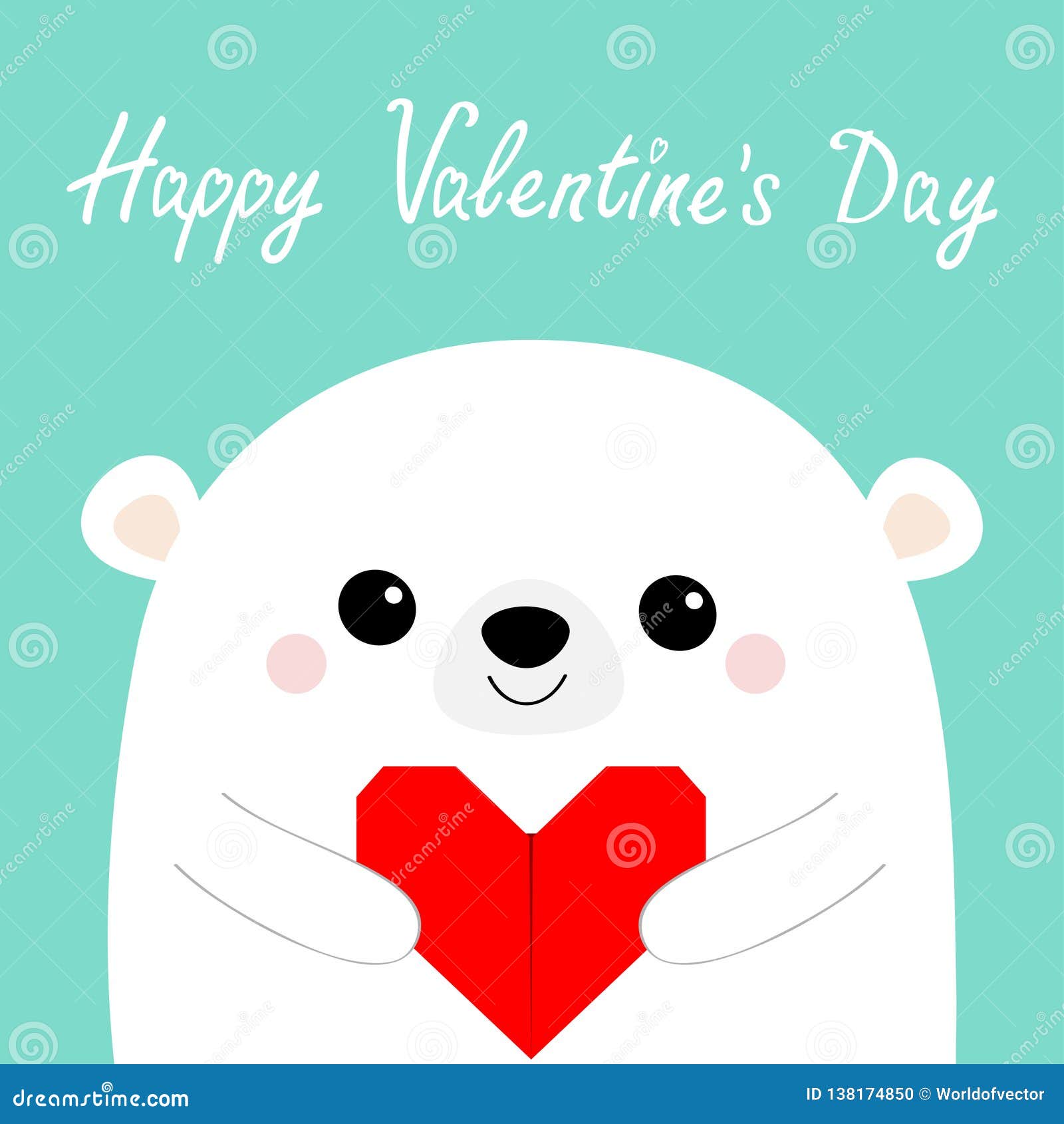 Happy Valentines Day. White Bear Head Face Holding Red Origami Paper ...