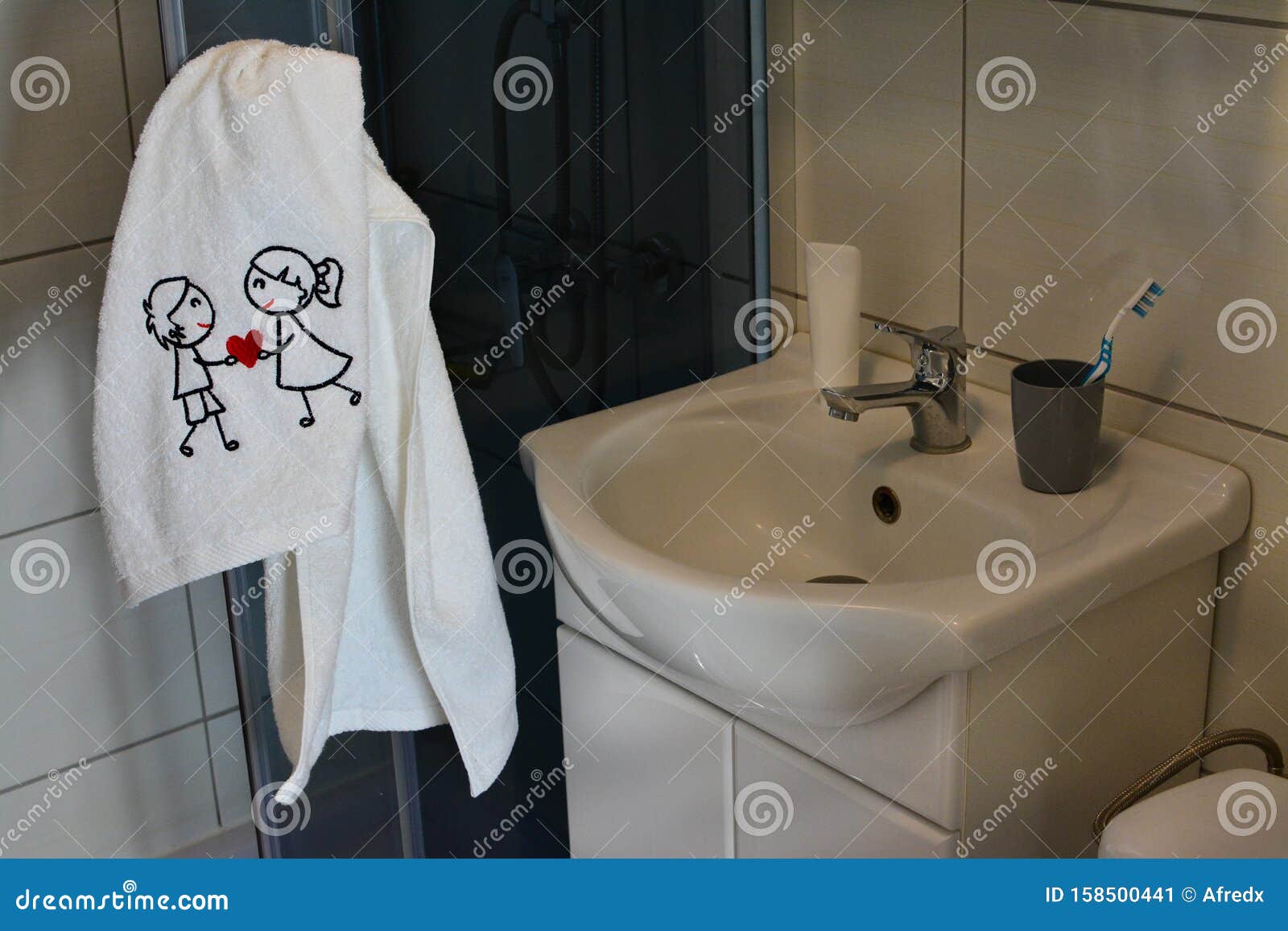 Happy Valentines Day, White Towel in the Bathroom. Stock Image Image