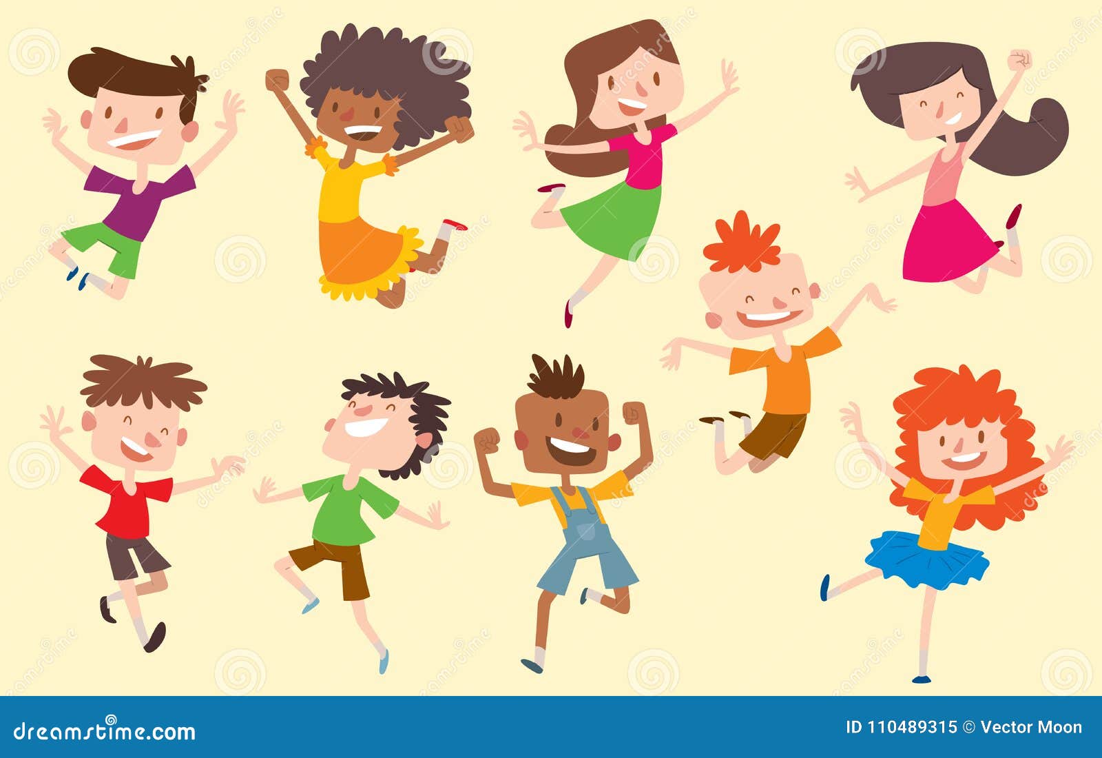 Jumping kids. Cartoon children playing and jump isolated happy active cute  surprised kid vector characters Stock Vector