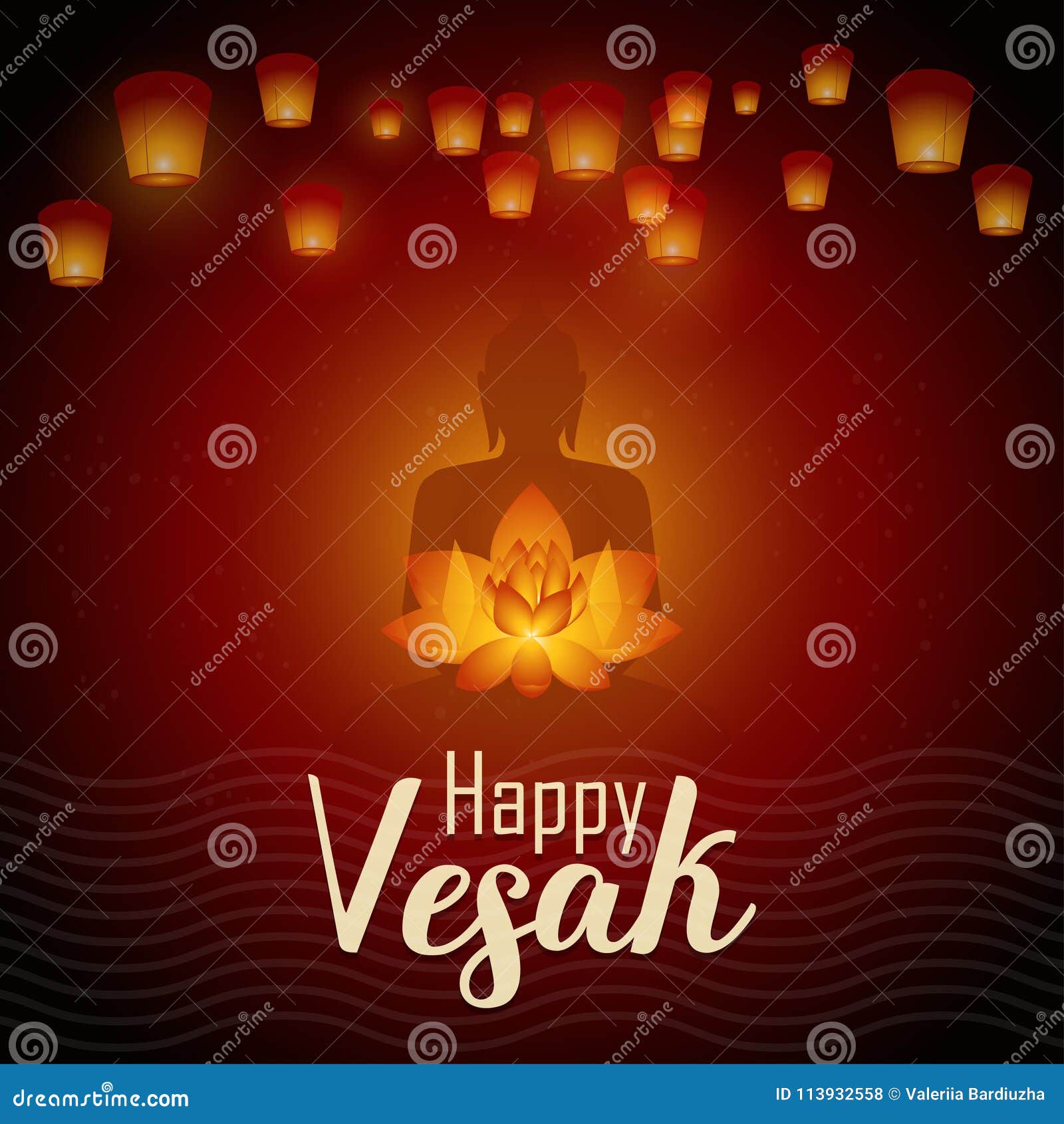 Happy Vesak Day. Vector Illustration Greeting Card. Lanterns And Lotus