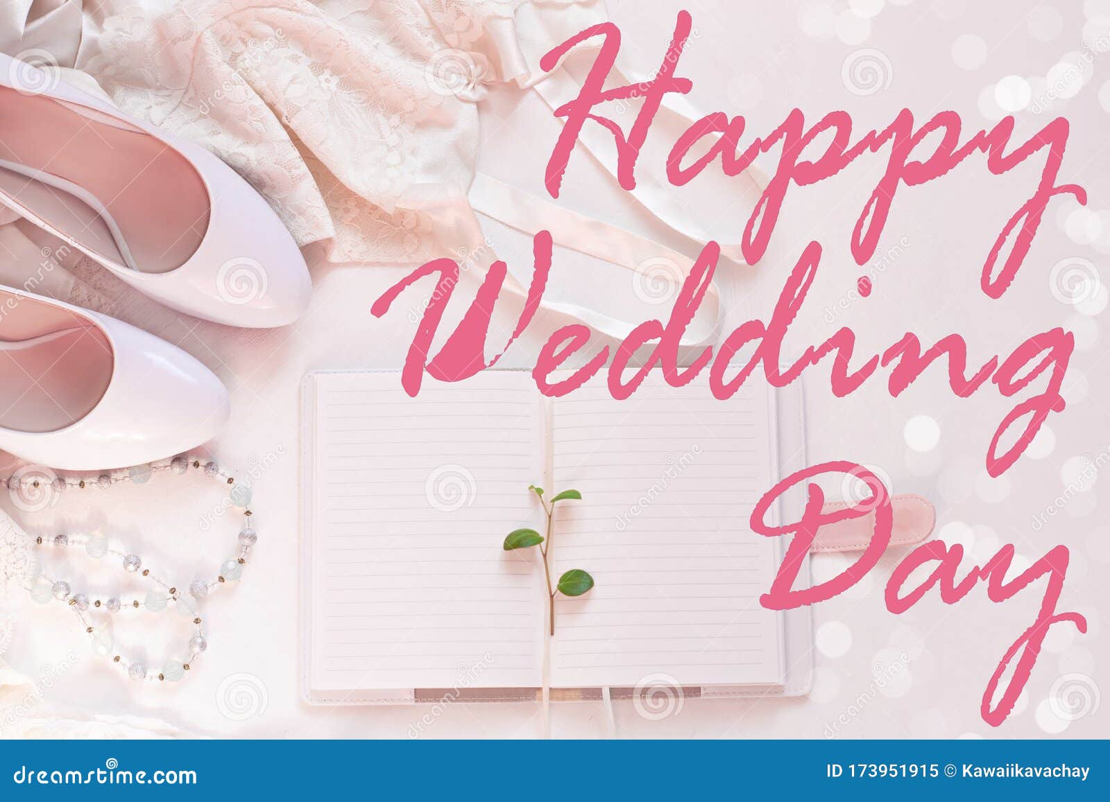 Happy Wedding Day Card Sign Text Flat Lay,accessories in Biege Pink Colors  on White Background,copy  Details Stock Image - Image of  jewelry, blank: 173951915