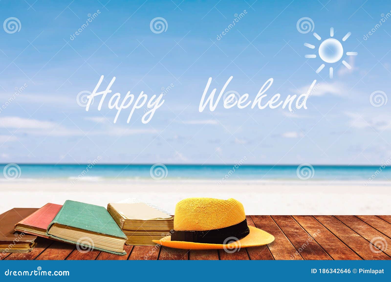 Happy Weekend Text on Blue Sky and Tropical Blue Sea. Stock Photo ...