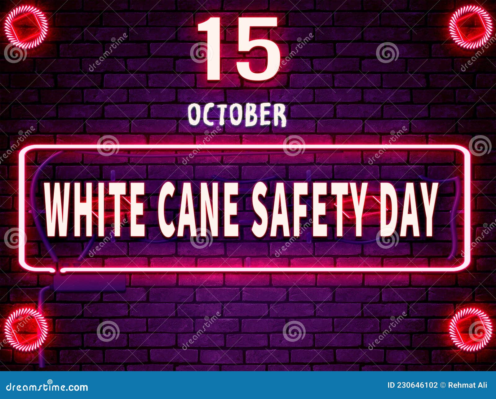 15 October, White Cane Safety Day, Neon Text Effect on Bricks