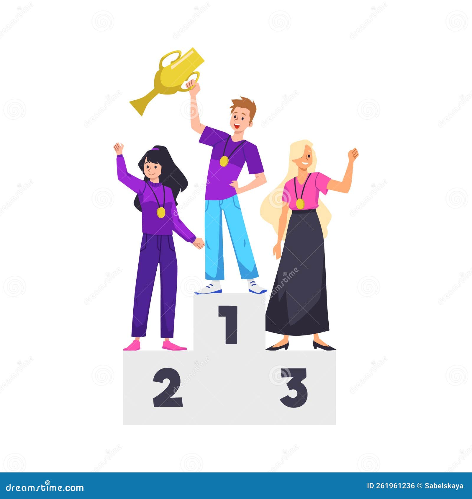 Happy Winner People on Pedestal Flat Style, Vector Illustration Stock