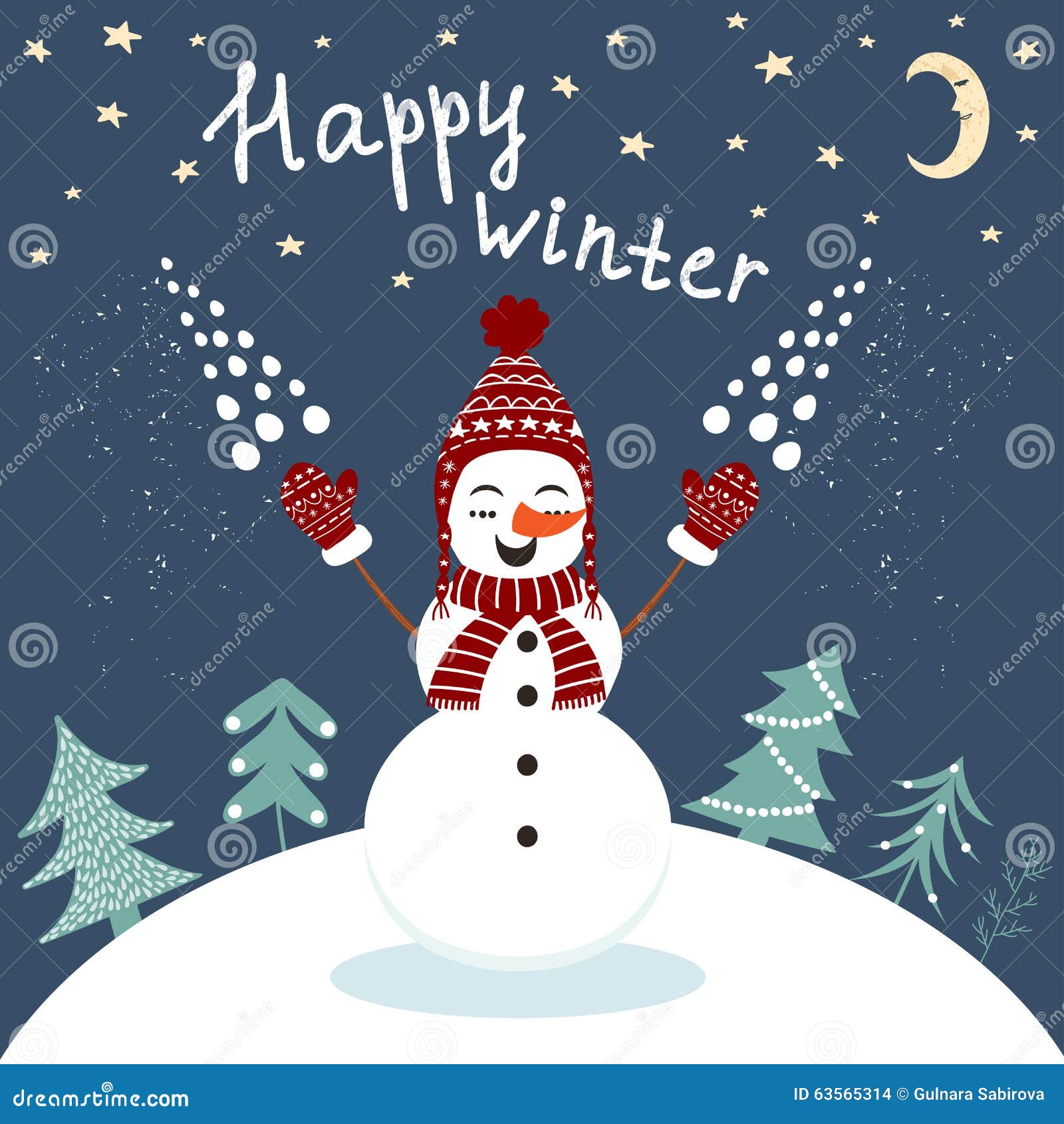 Happy Winter Card with Enjoying Snowman
