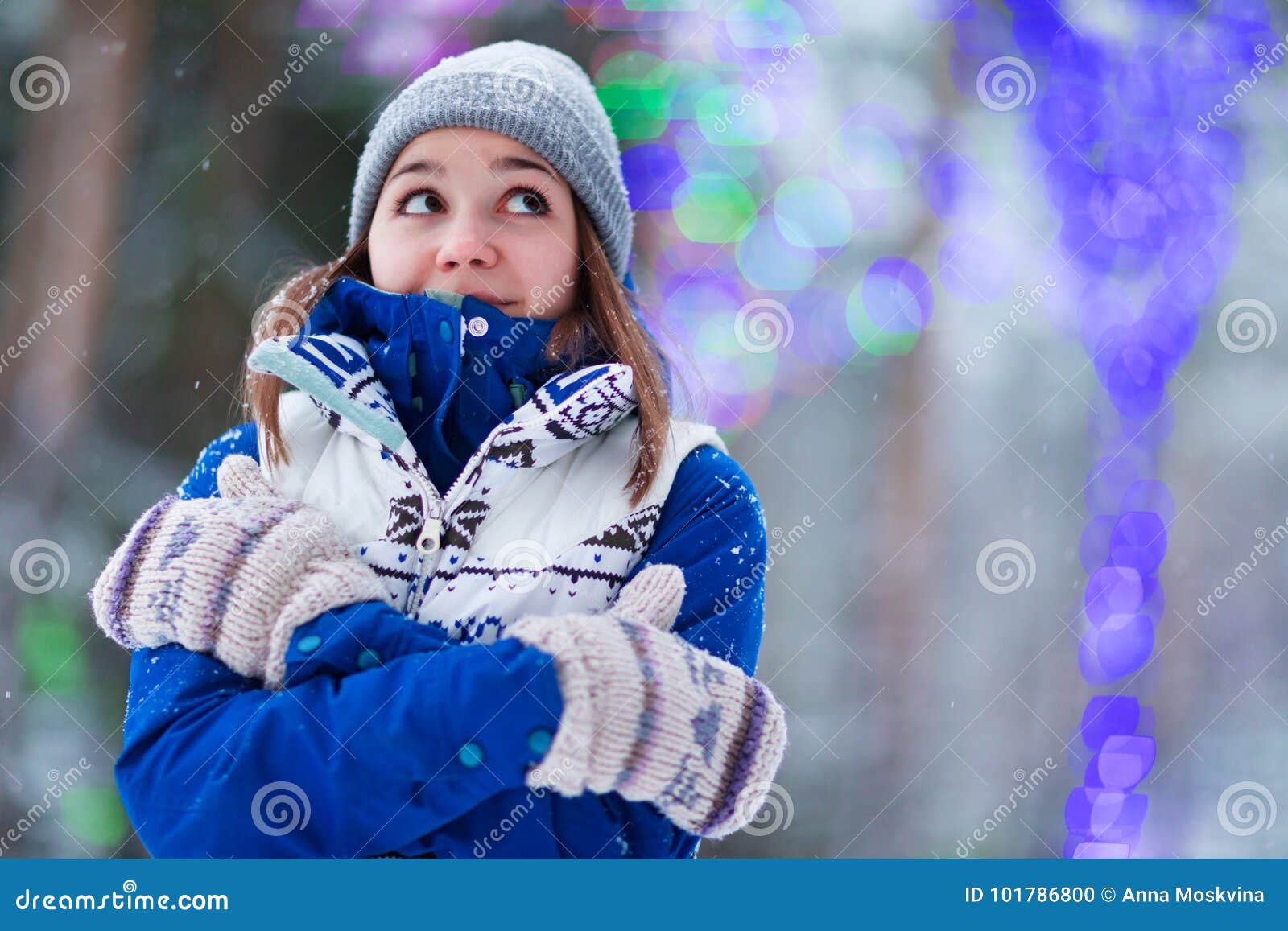 Happy Winter Women in Park Snow Christmas Lights Stock Photo - Image of ...