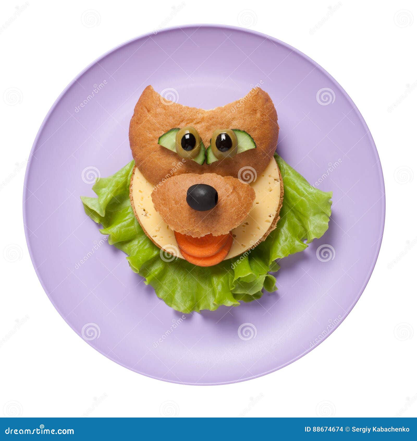 Happy Wolf Made of Bread and Salad on Purple Plate Stock Photo - Image ...