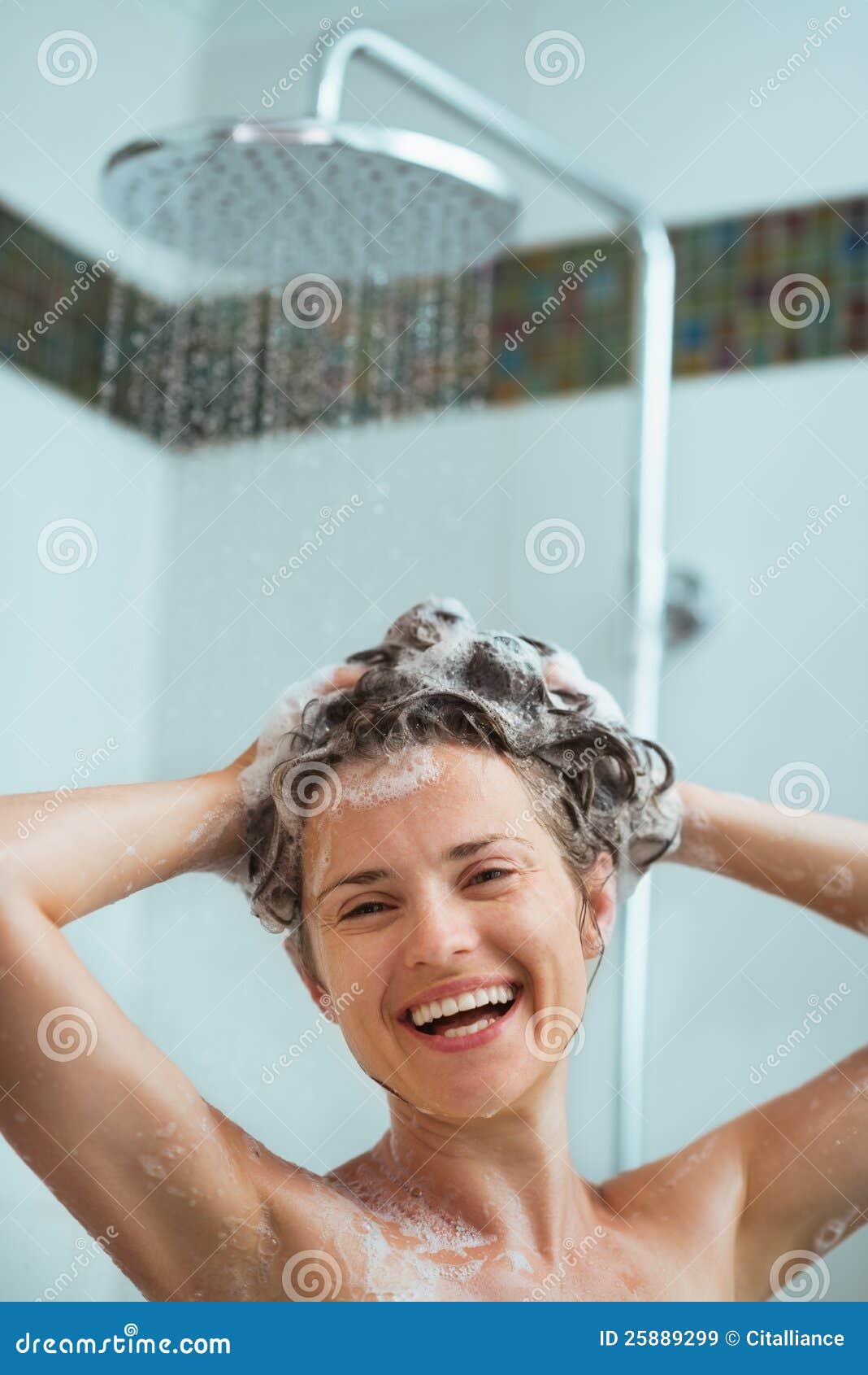 Happy Woman Applying Shampoo in Shower Stock Image Image of freshness, girl 25889299