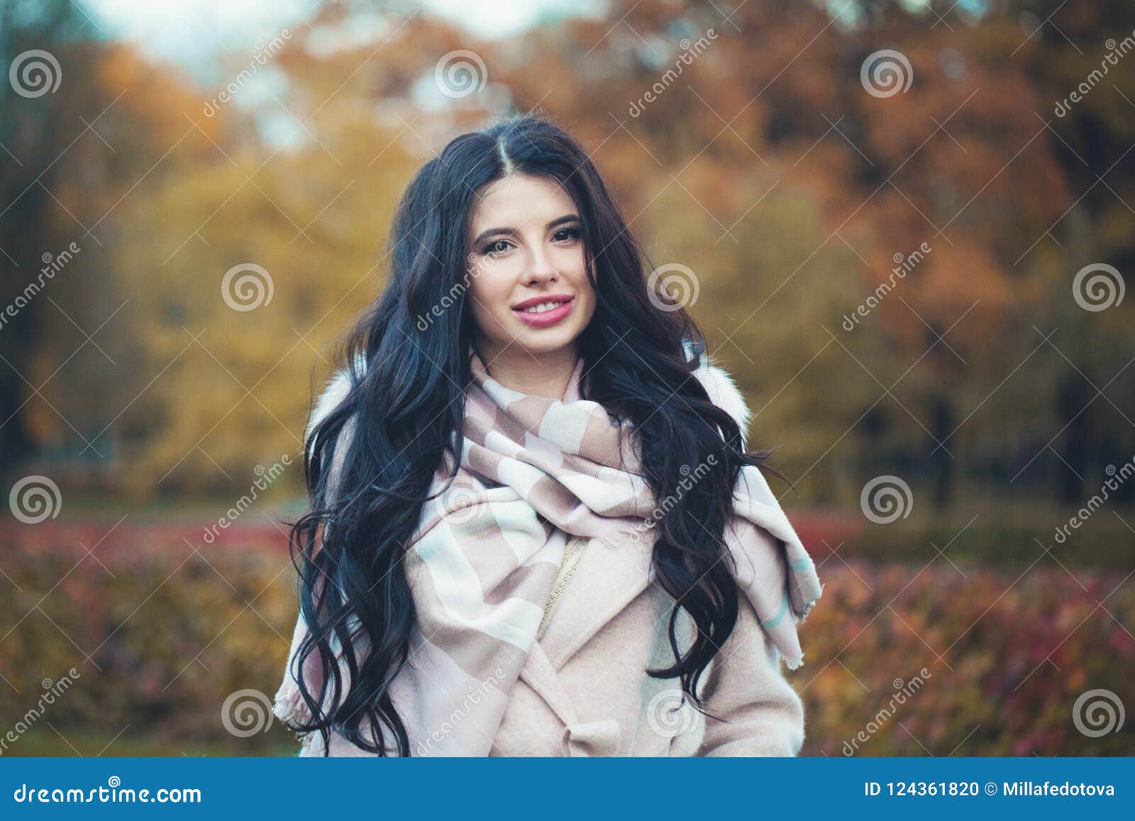 Happy Woman Brunette in Autumn Park Outdoors Stock Photo - Image of ...