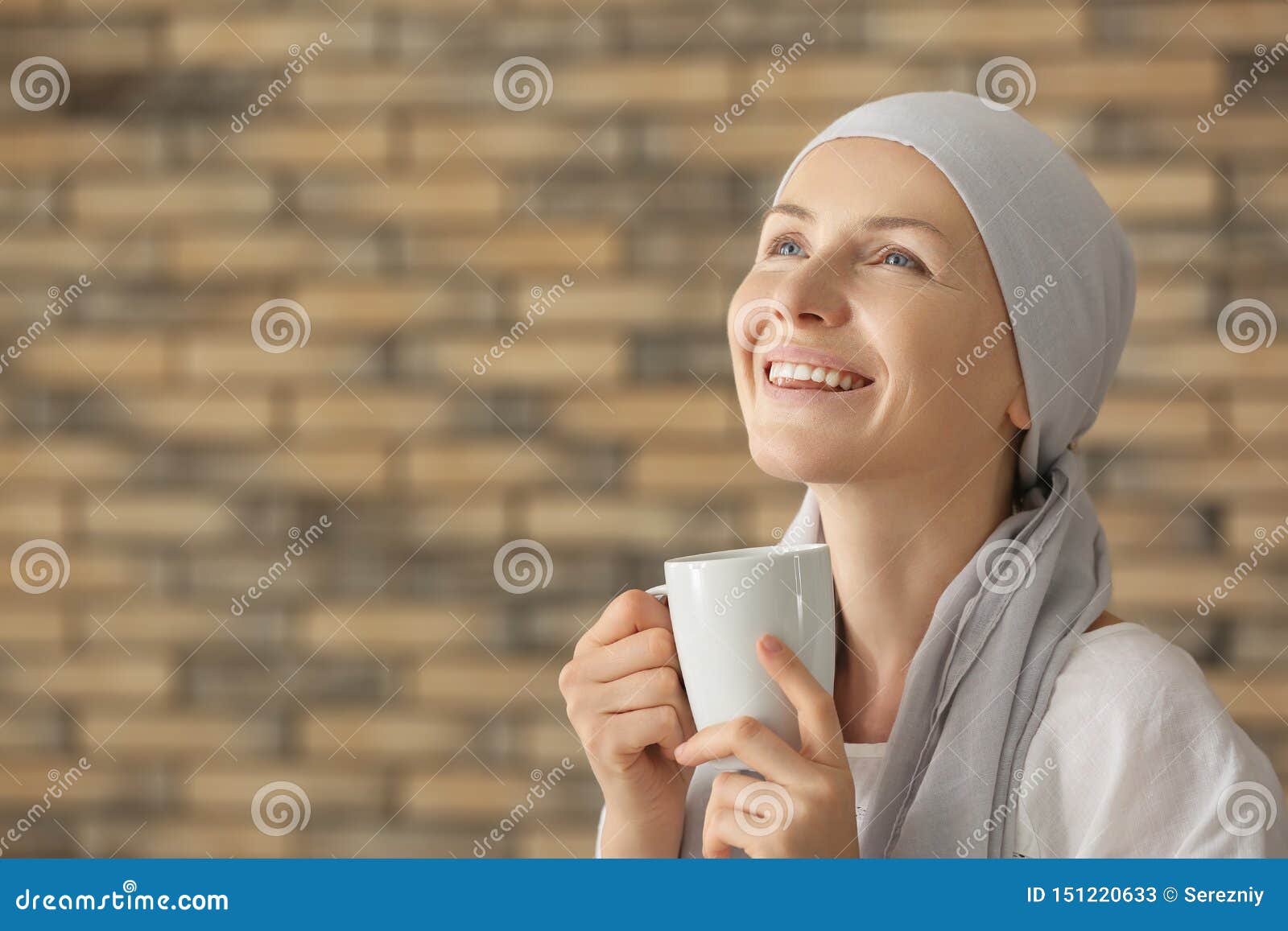 Happy Woman After Chemotherapy Drinking Tea At Home Stock Image Image Of People Headscarf