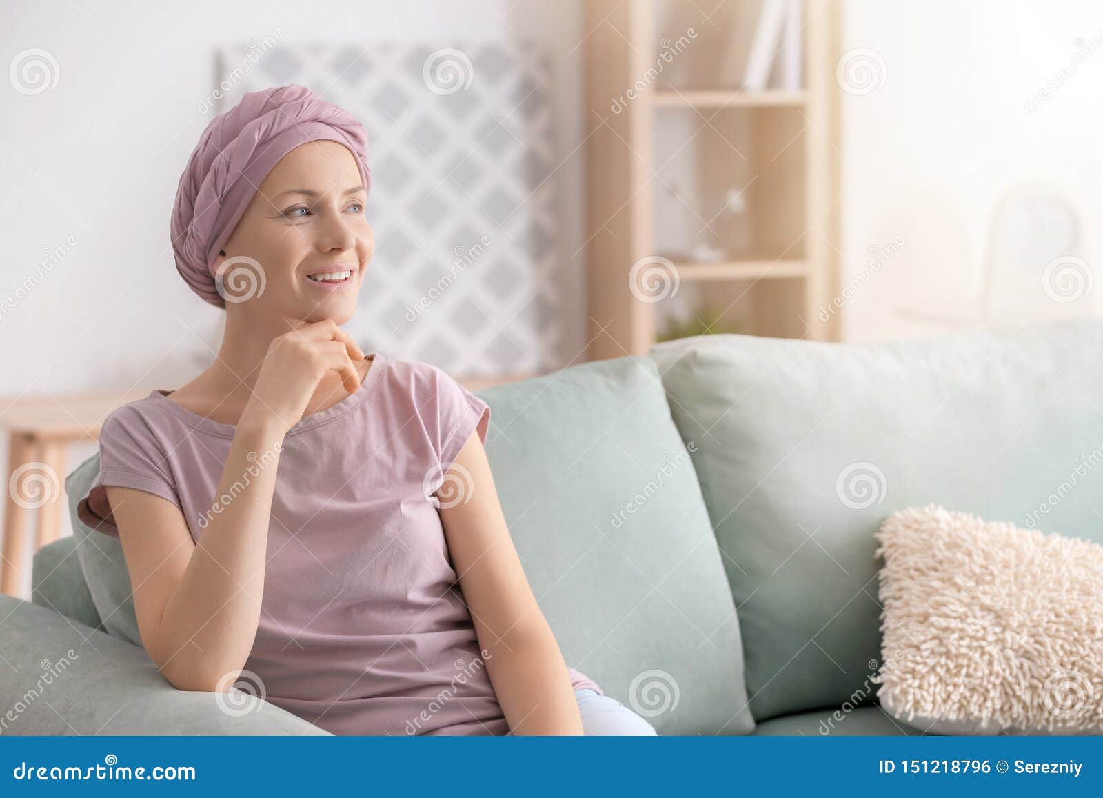 Happy Woman After Chemotherapy Sitting On Sofa At Home Stock Photo Image Of Patient Care