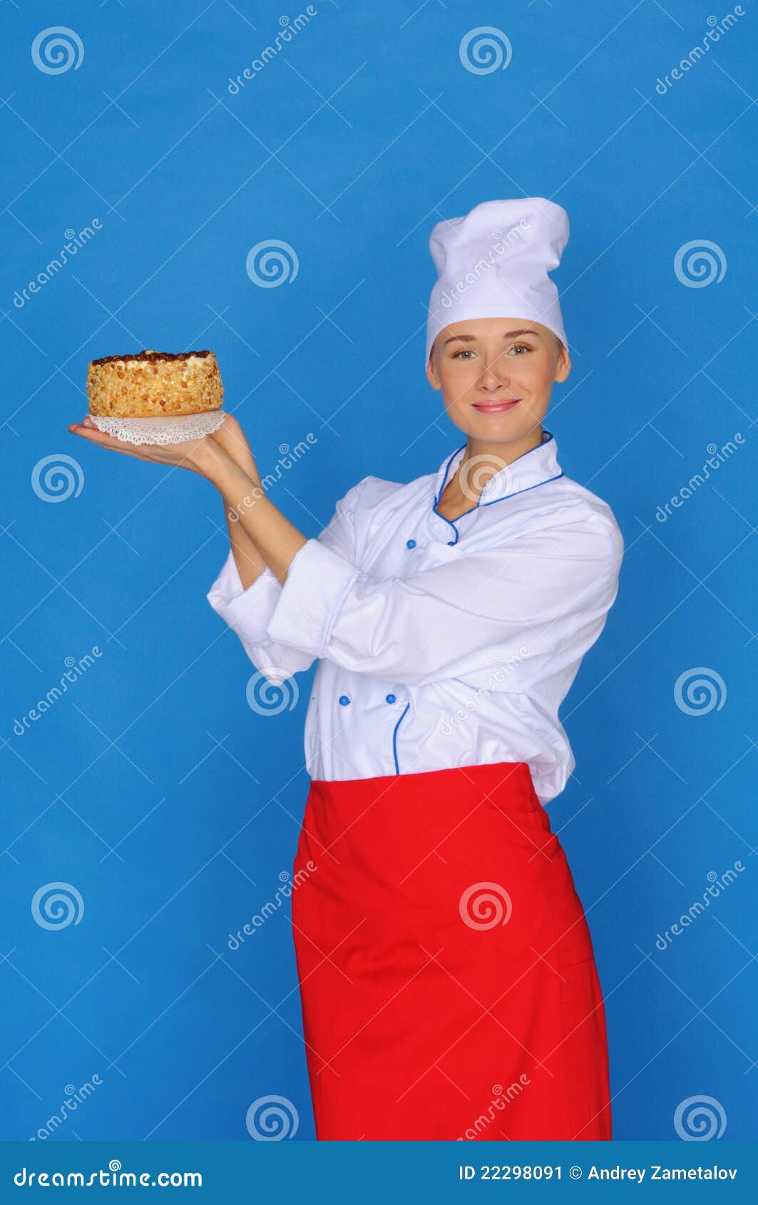 Happy Woman Cook Holding Cake Stock Image Image of empty, beauty