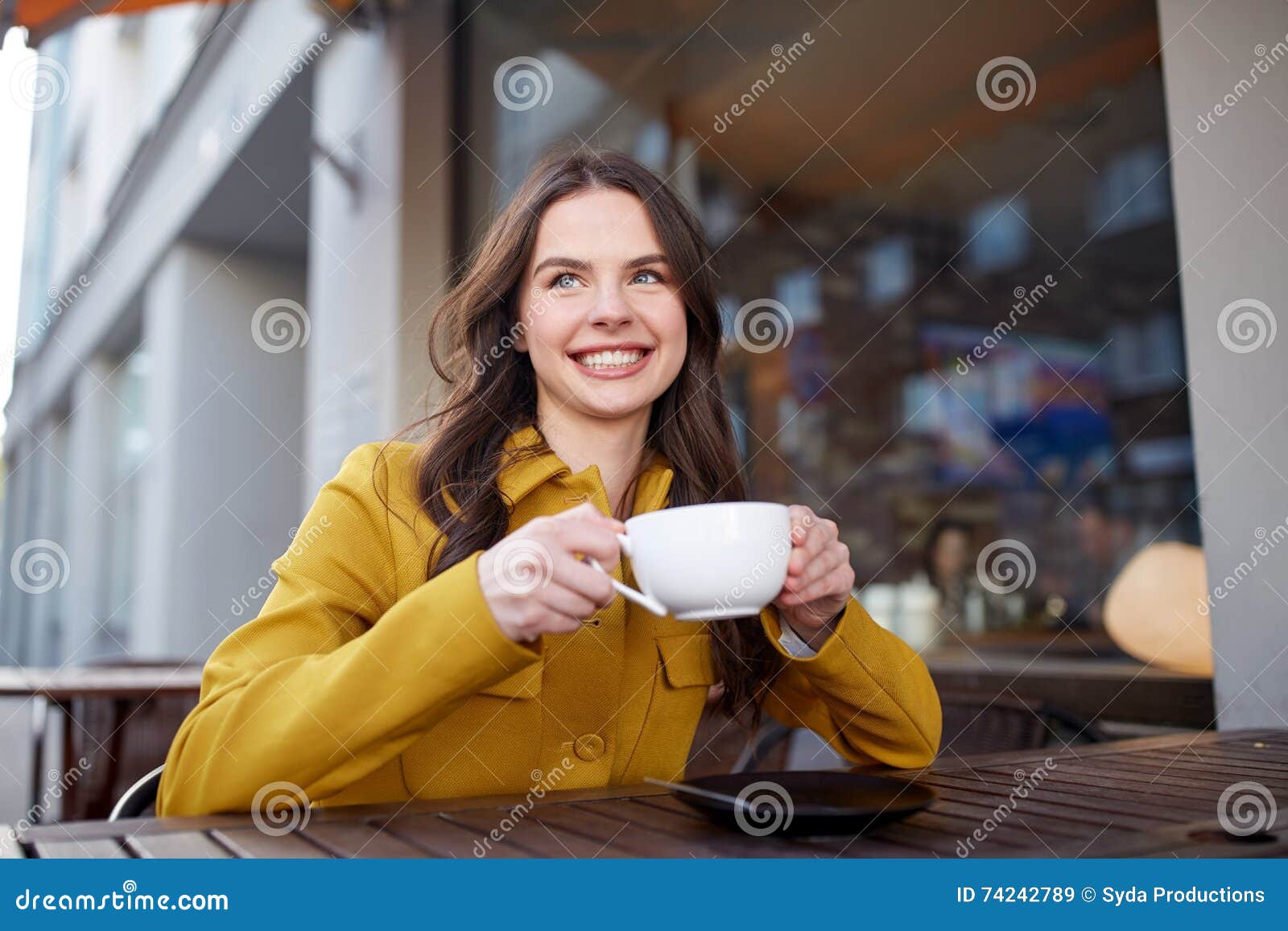 Happy Woman Drinking Cocoa at City Street Cafe Stock Image - Image of ...
